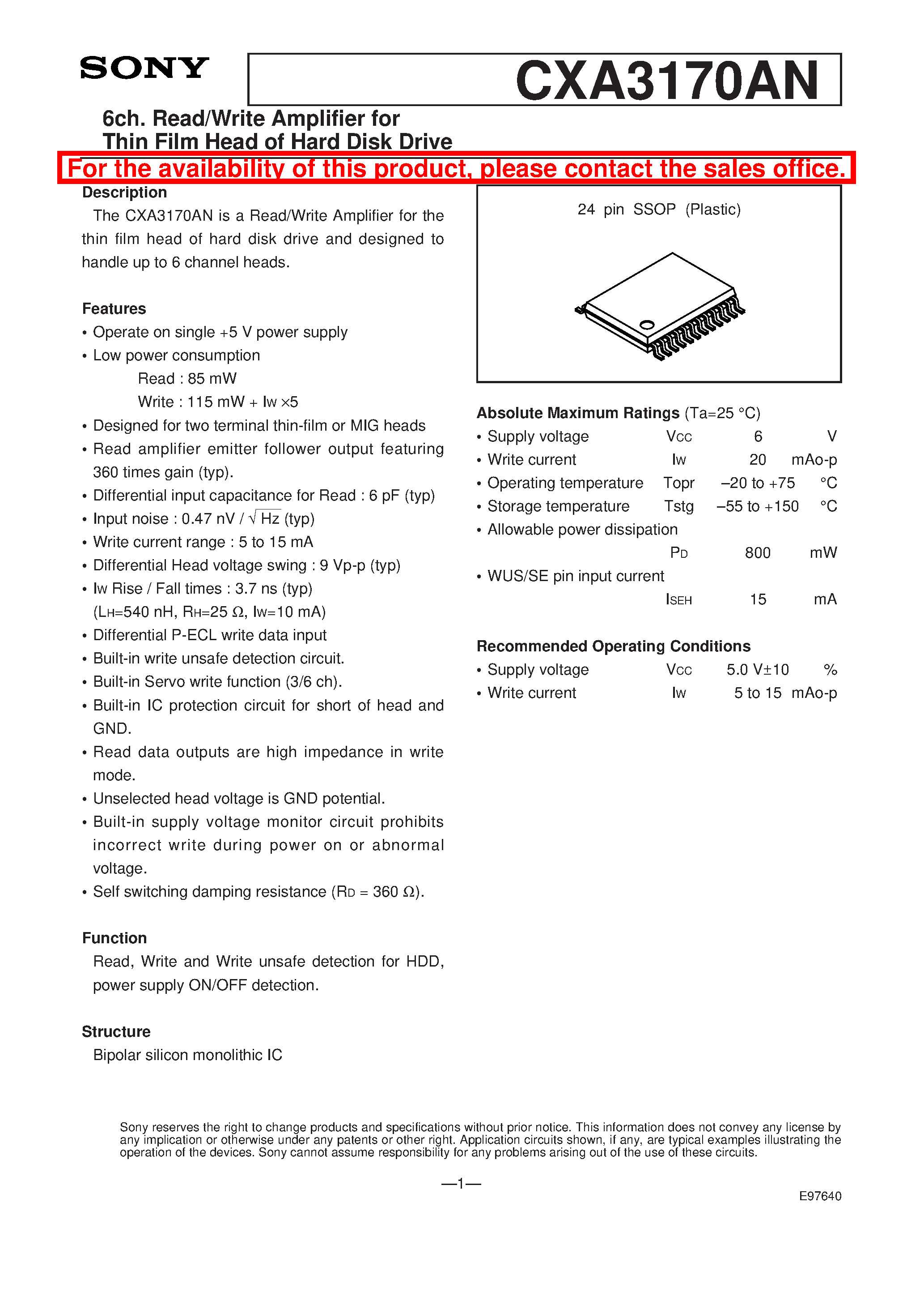 Datasheet CXA3170AN - 6ch. Read/Write Amplifier for Thin Film Head of Hard Disk Drive page 1