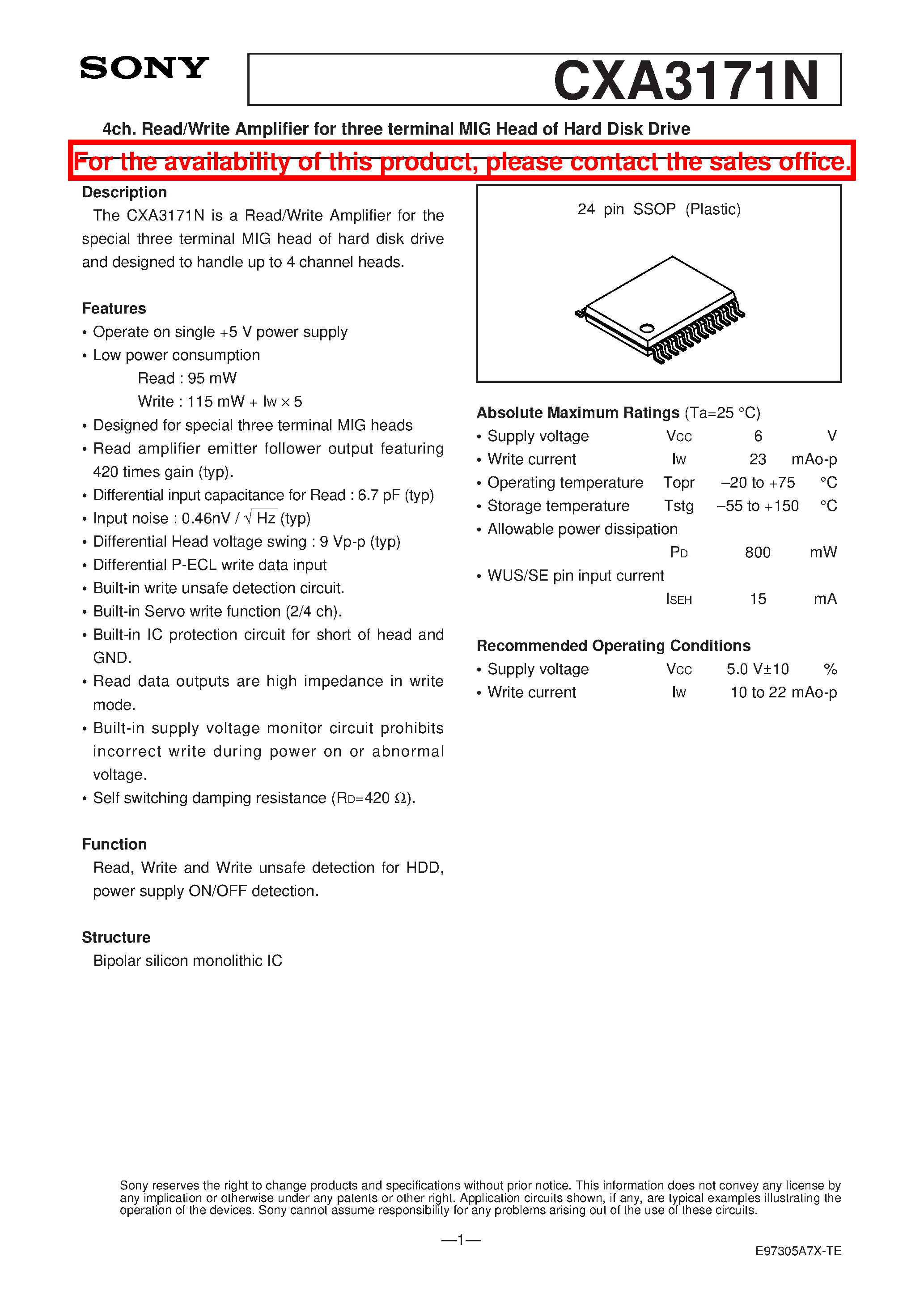 Datasheet CXA3171N - 4ch. Read/Write Amplifier for three terminal MIG Head of Hard Disk Drive page 1