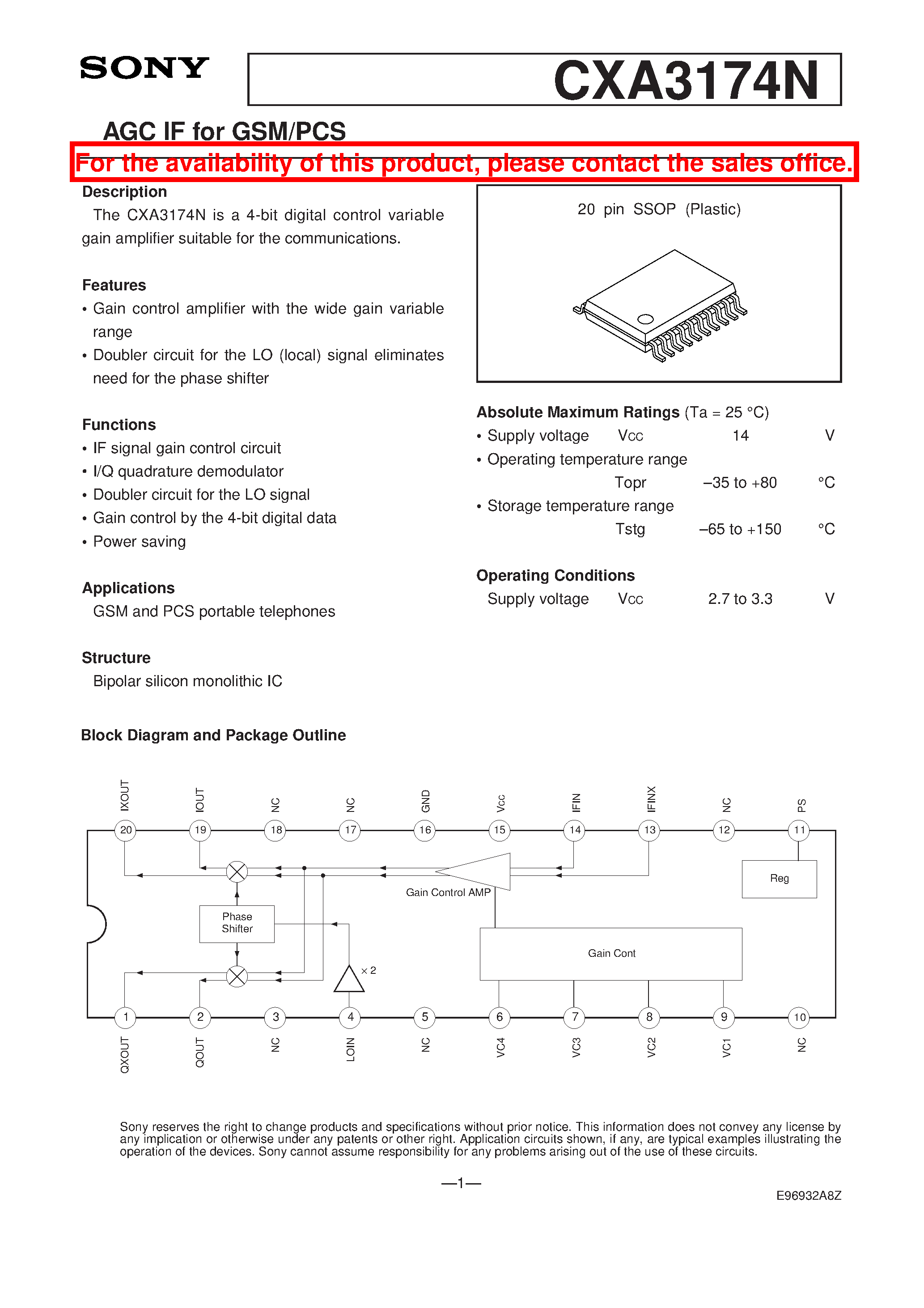 Datasheet CXA3174N - AGC IF for GSM/PCS page 1