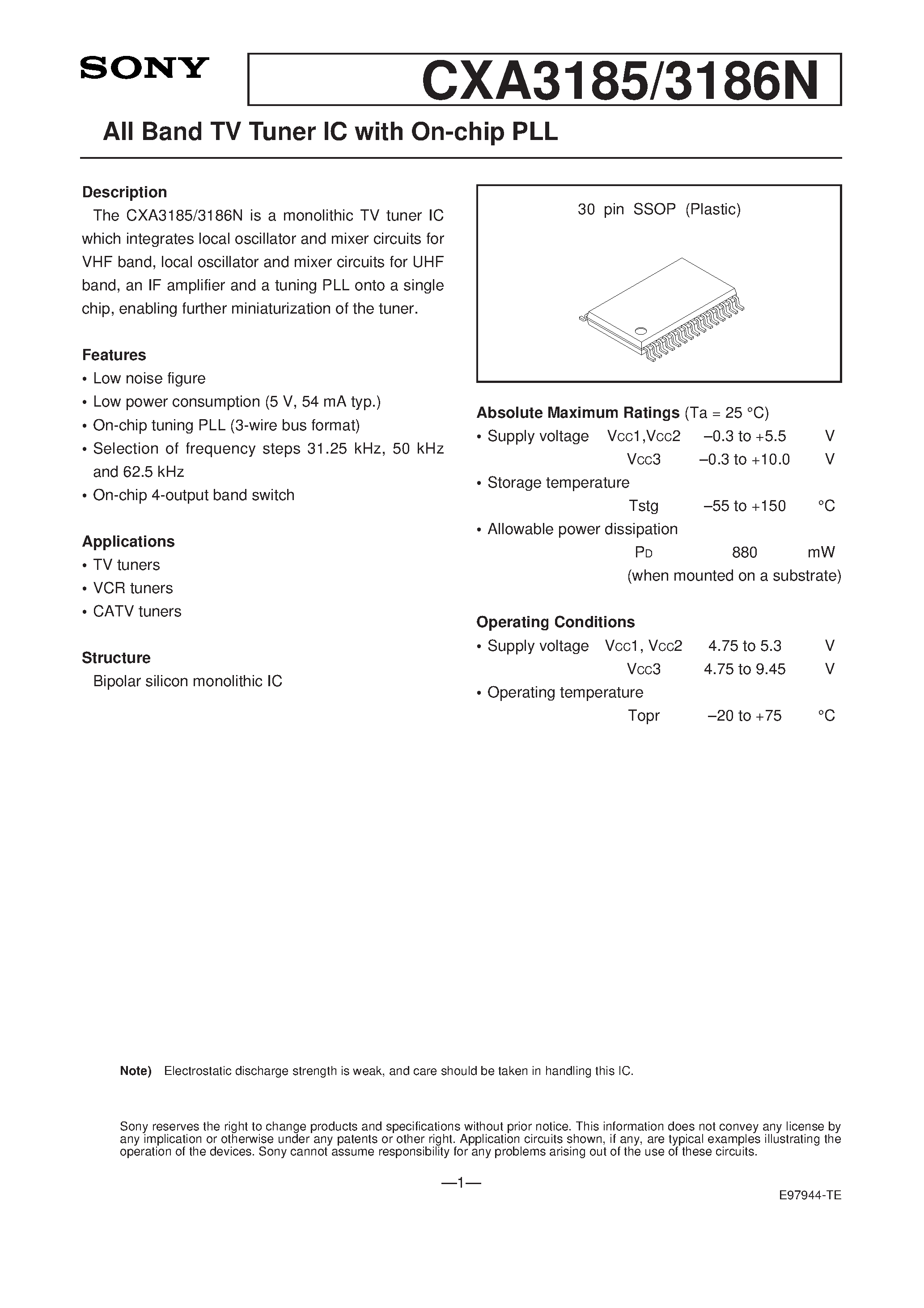 Datasheet CXA3185 - All Band TV Tuner IC with On-chip PLL page 1