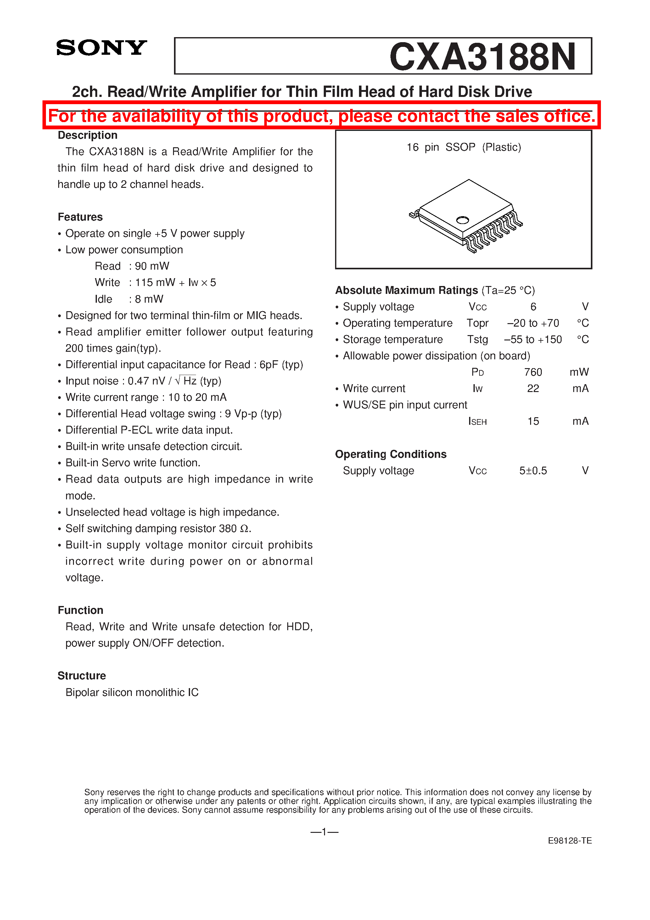 Datasheet CXA3188N - 2ch. Read/Write Amplifier for Thin Film Head of Hard Disk Drive page 1