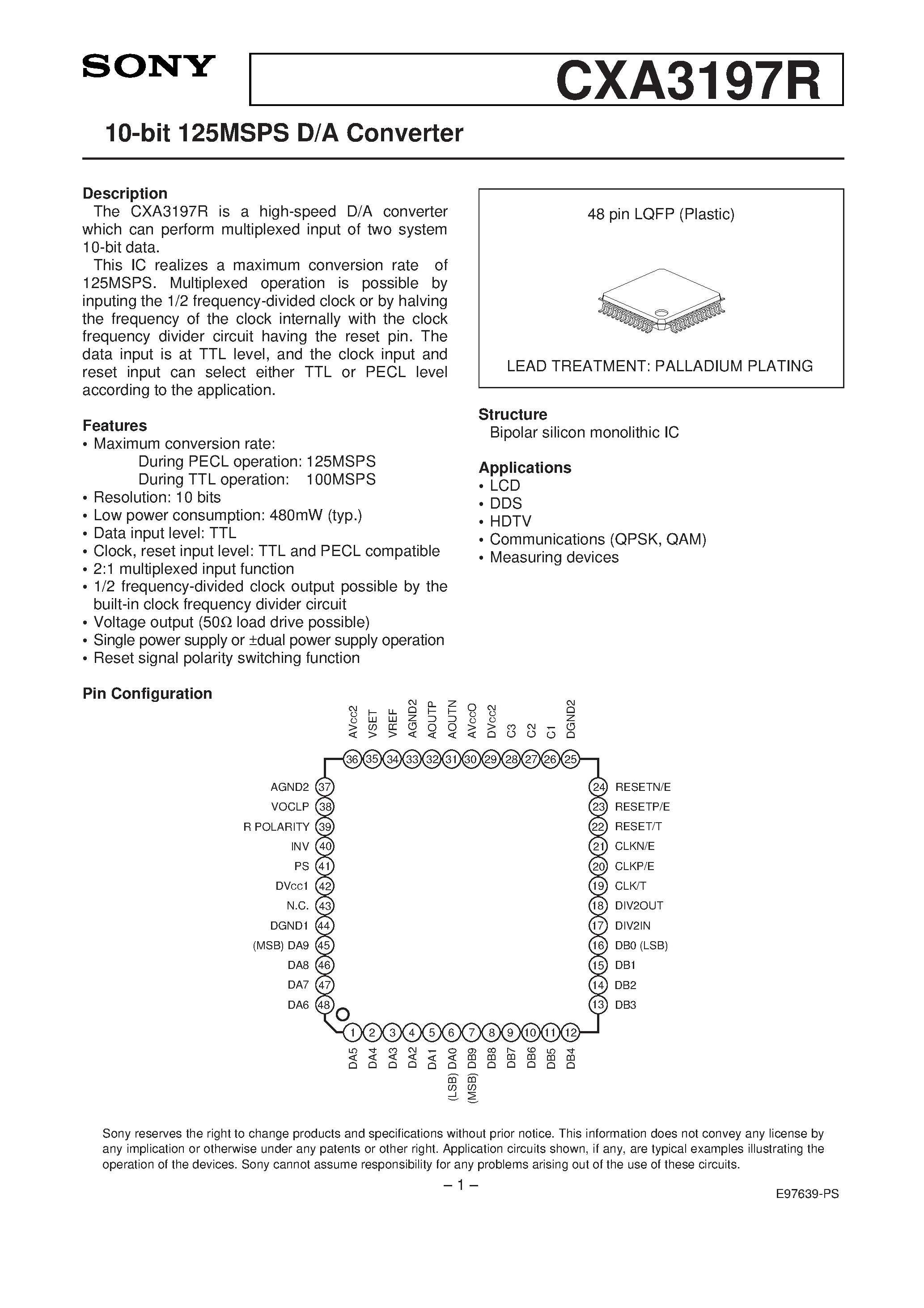 Datasheet CXA3197 - 10-bit 125MSPS D/A Converter page 1