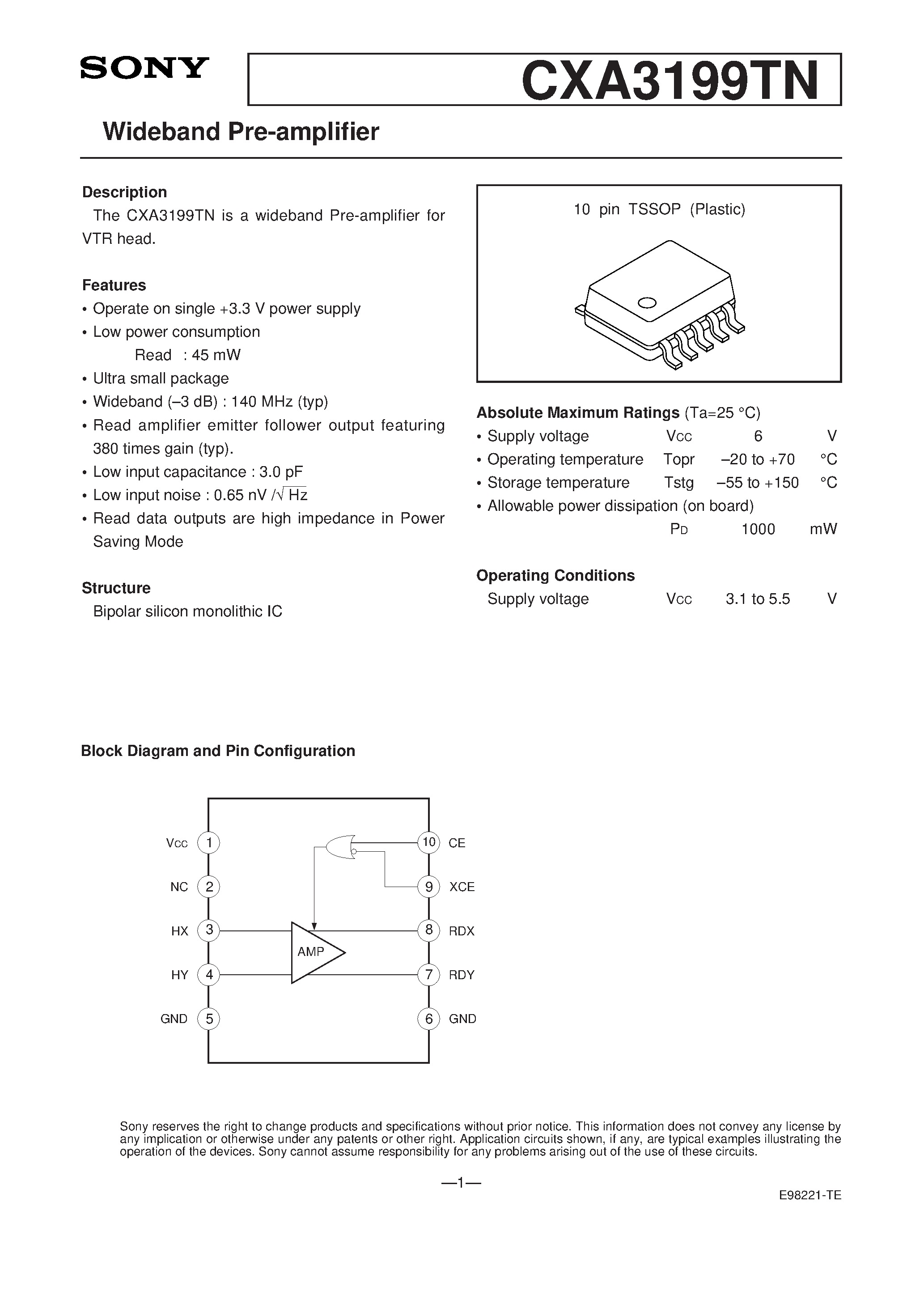 Datasheet CXA3199 - Wideband Pre-amplifier page 1