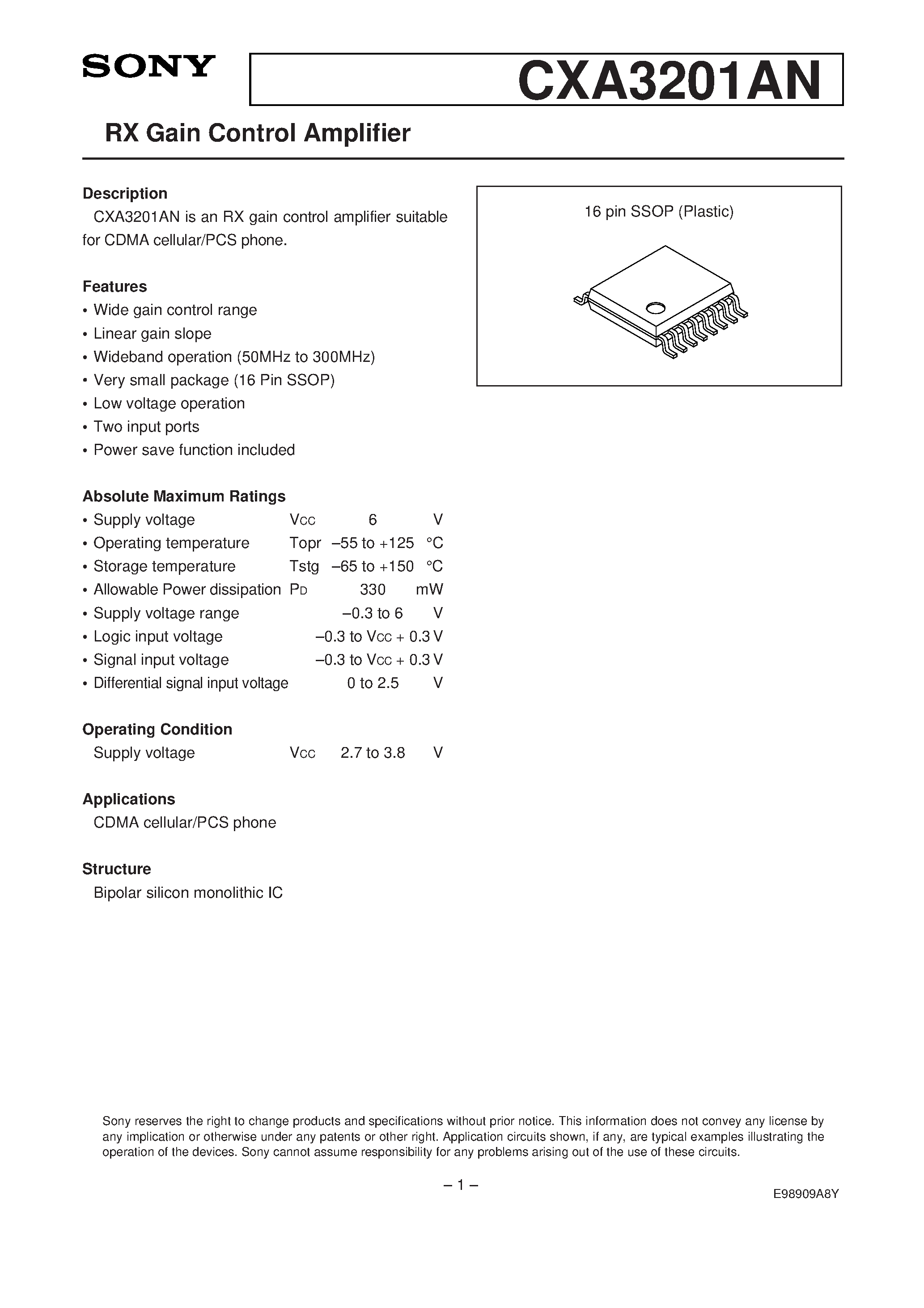 Datasheet CXA3201AN - RX Gain Control Amplifier page 1