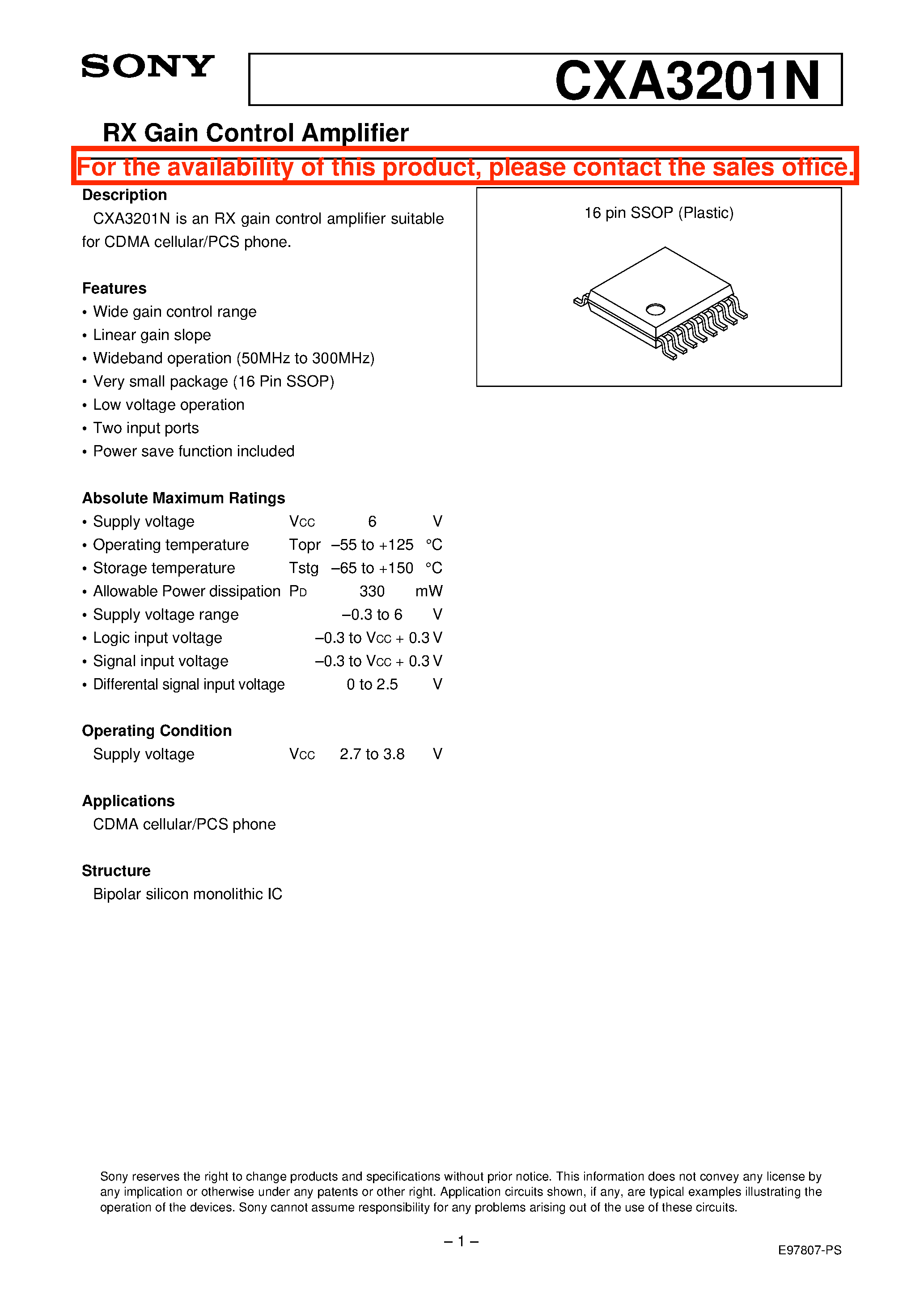 Datasheet CXA3201N - RX Gain Control Amplifier page 1