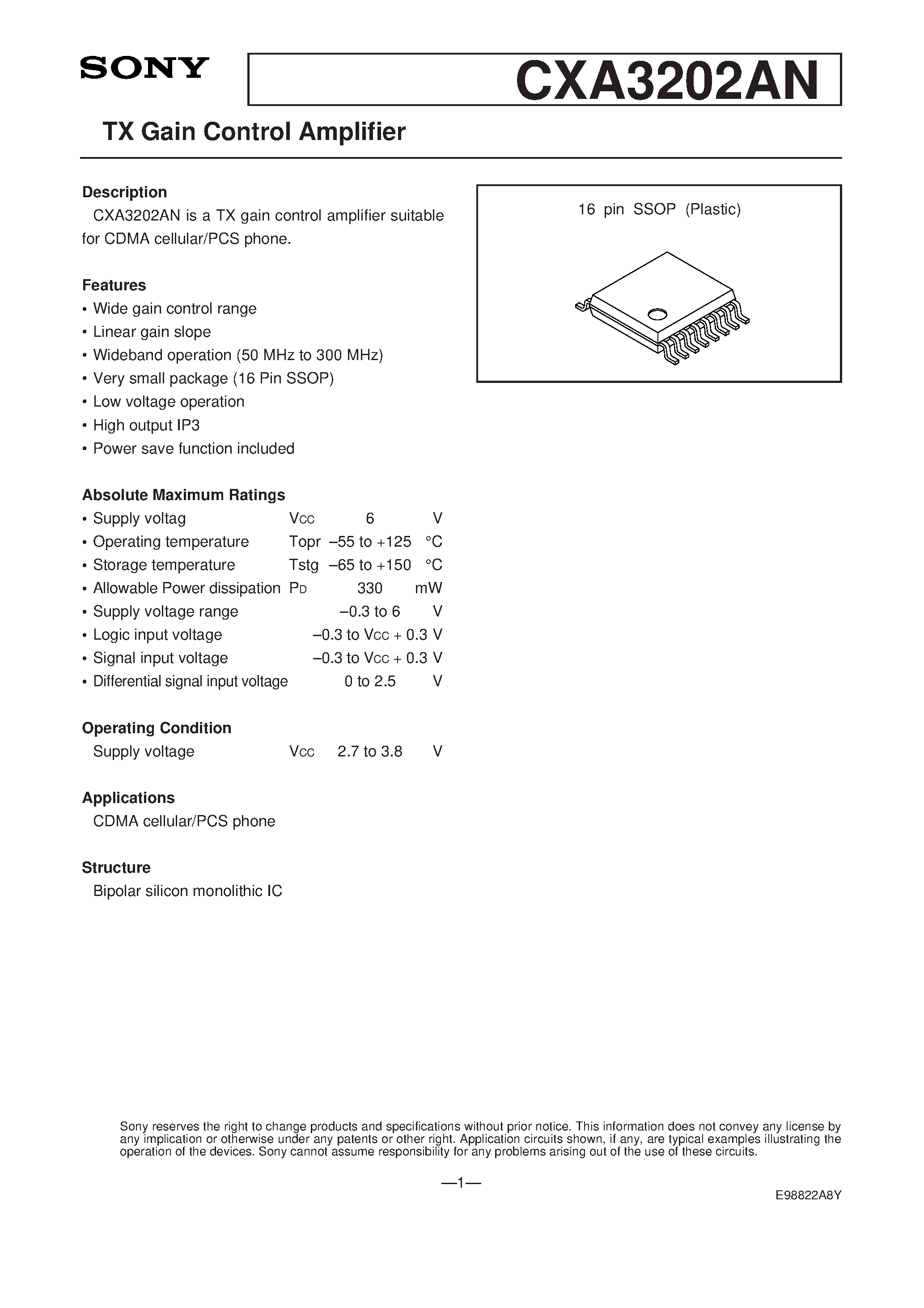 Datasheet CXA3202AN - TX Gain Control Amplifier page 1