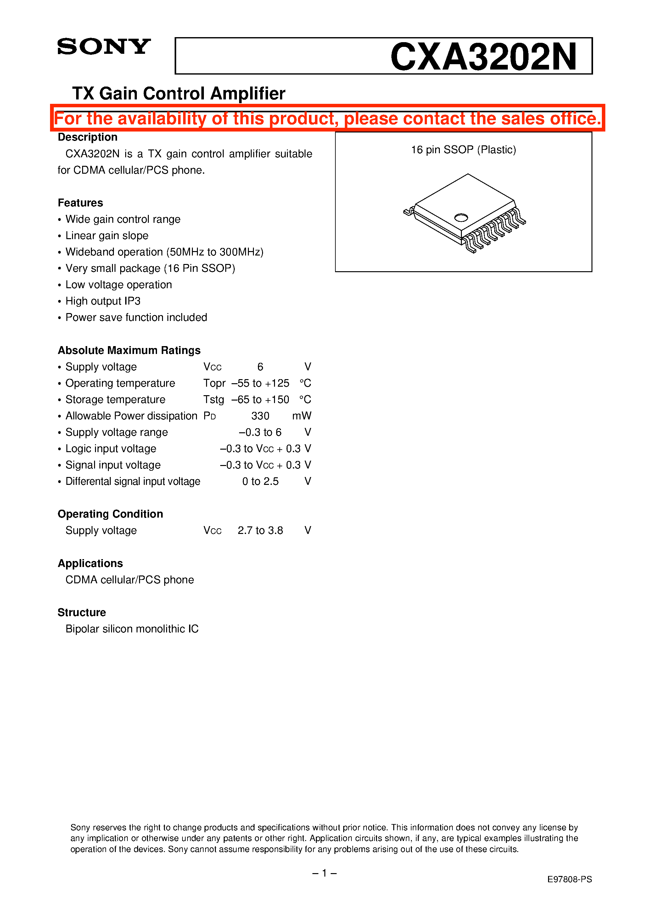 Даташит CXA3202N - TX Gain Control Amplifier страница 1