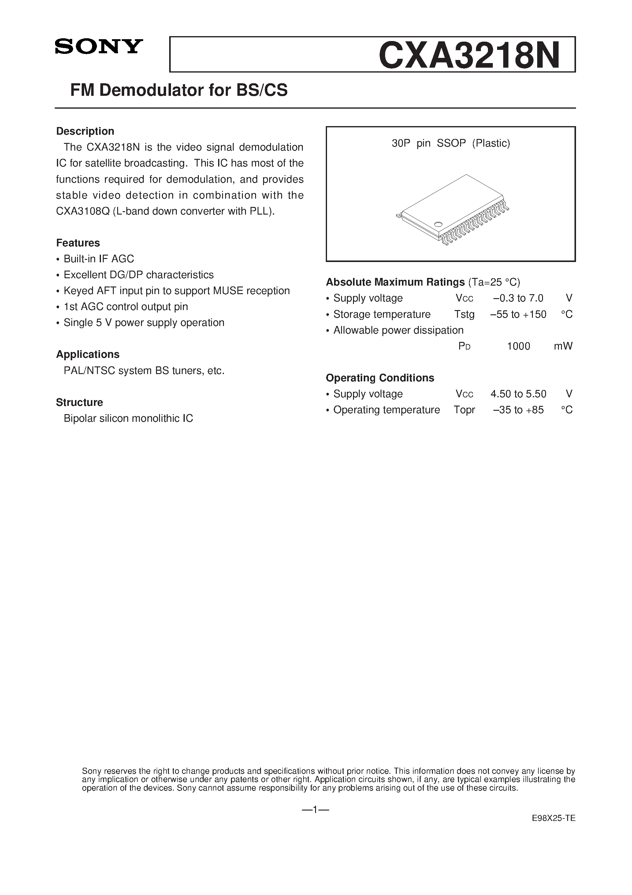 Даташит CXA3218N - FM Demodulator for BS/CS страница 1