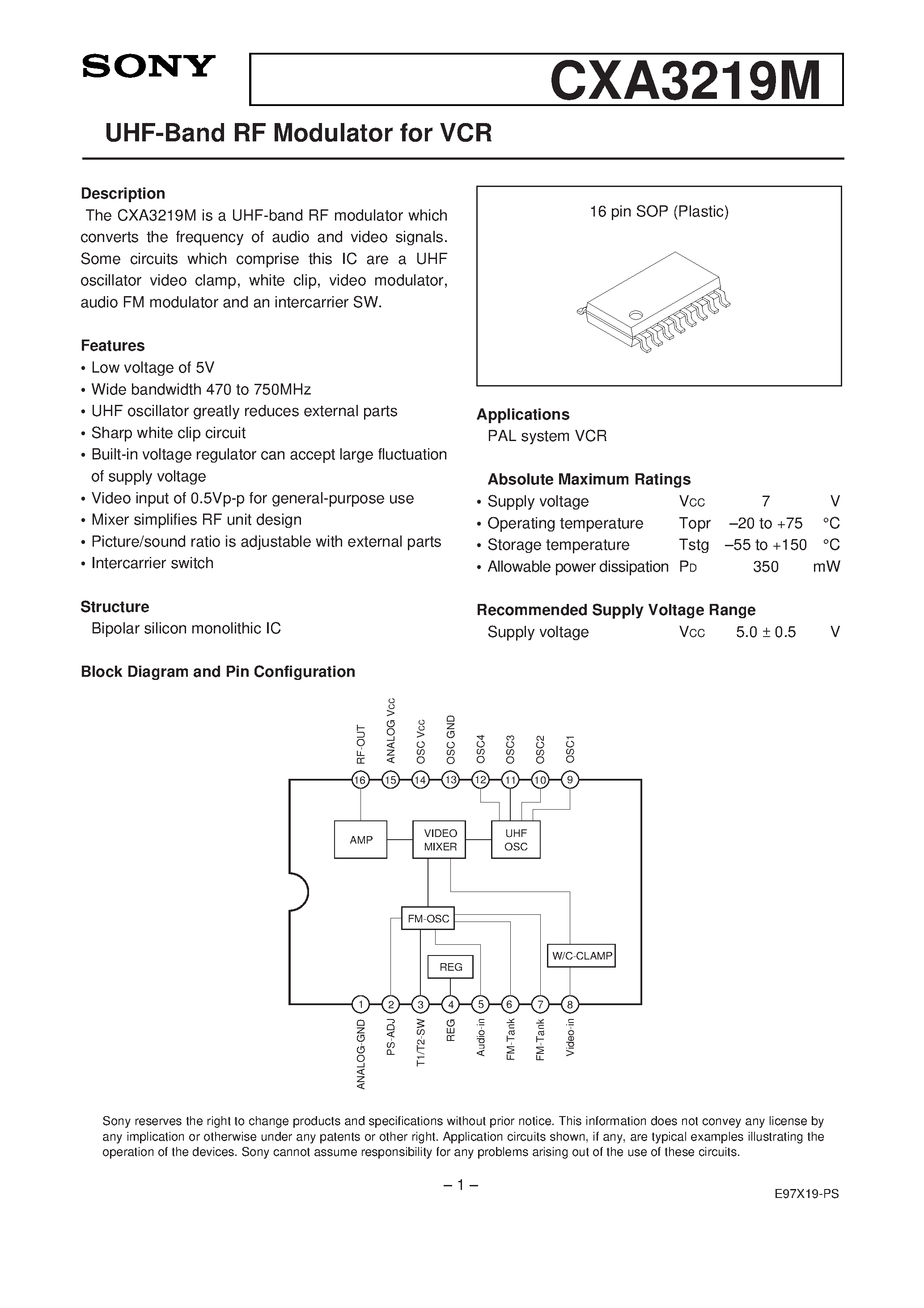 Datasheet CXA3219M - UHF-Band RF Modulator for VCR page 1