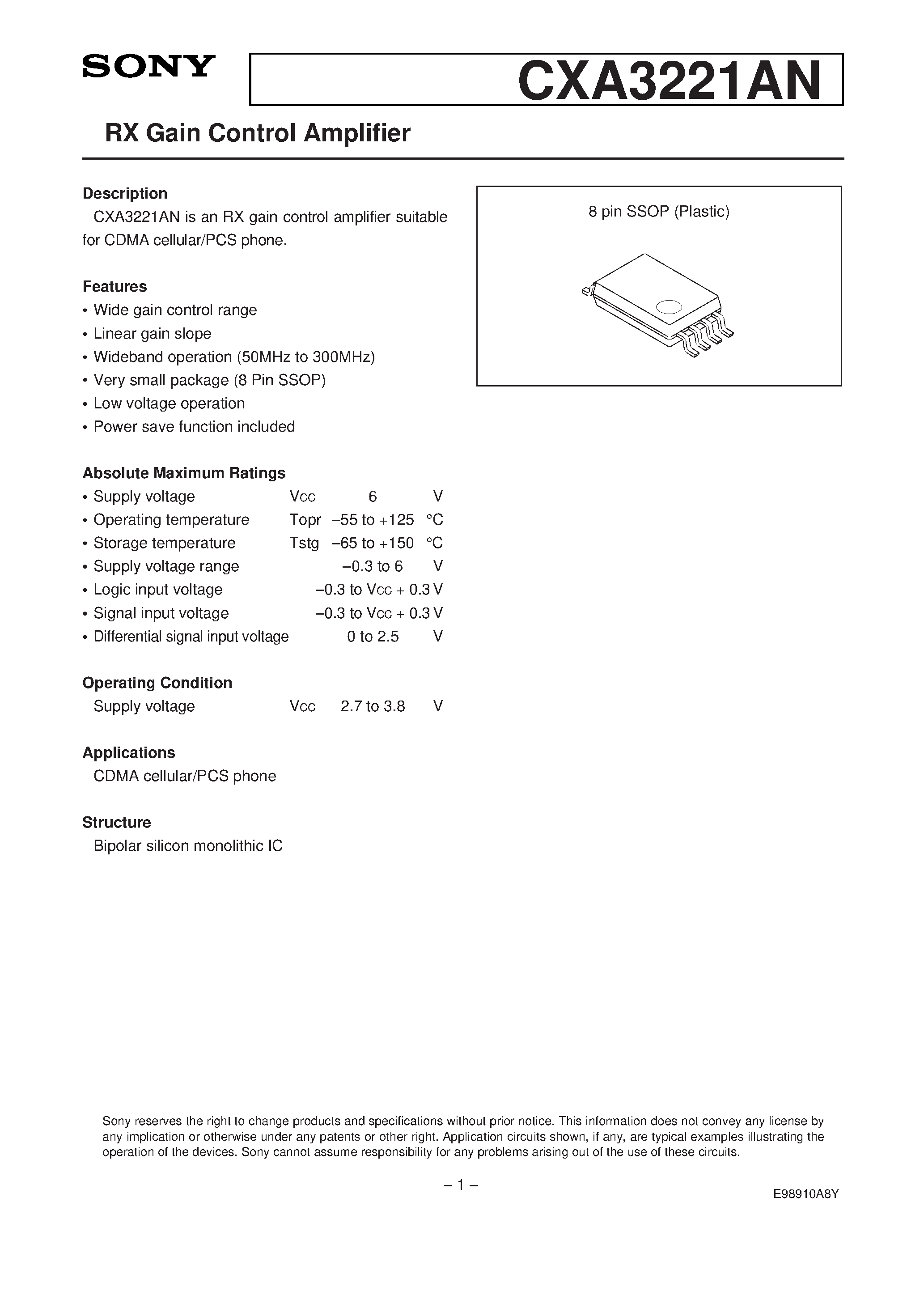 Datasheet CXA3221AN - RX Gain Control Amplifier page 1