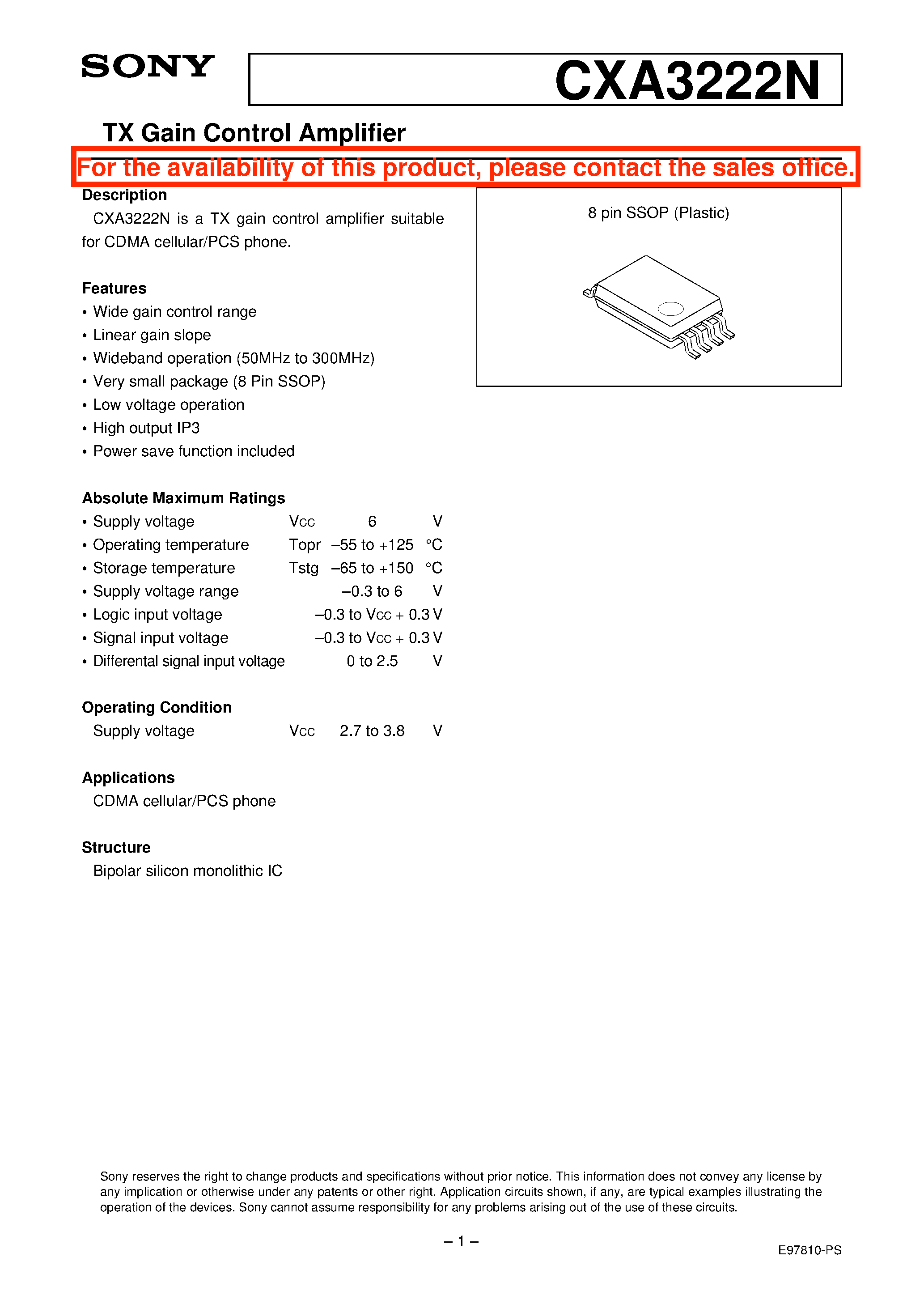 Datasheet CXA3222N - TX Gain Control Amplifier page 1