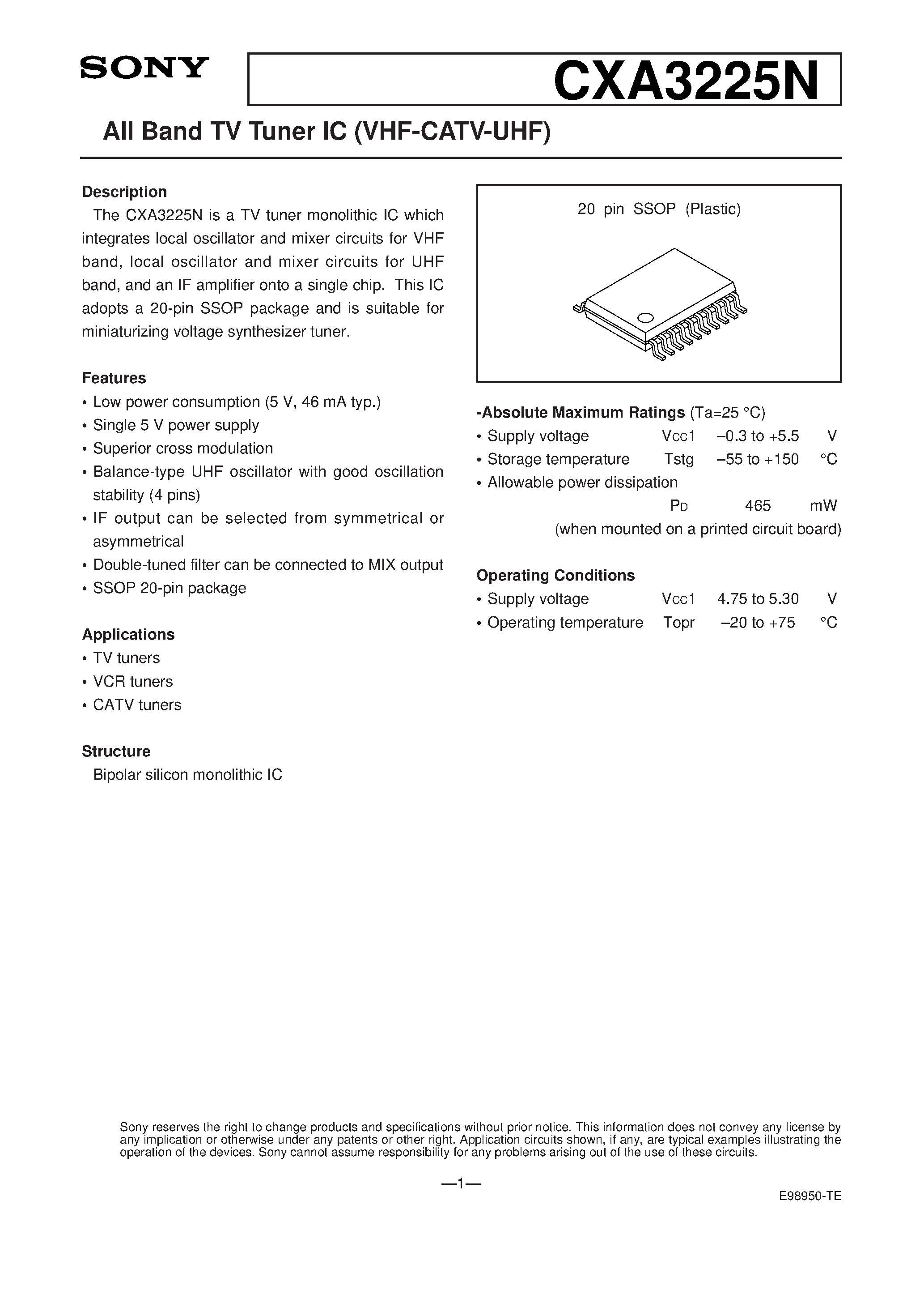 Datasheet CXA3225N - All Band TV Tuner IC (VHF-CATV-UHF) page 1