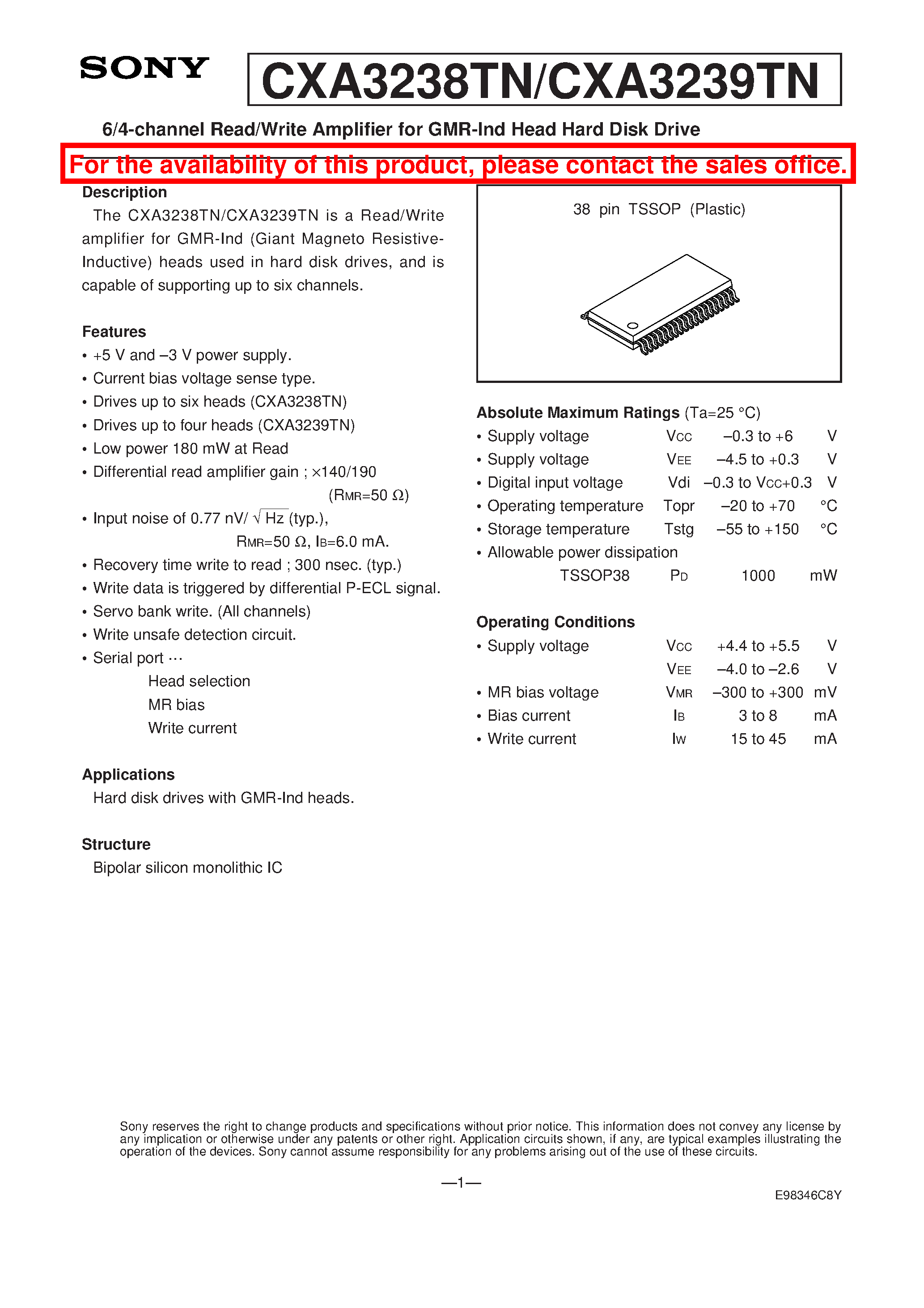 Datasheet CXA3238TN - 6/4-channel Read/Write Amplifier for GMR-Ind Head Hard Disk Drive page 1