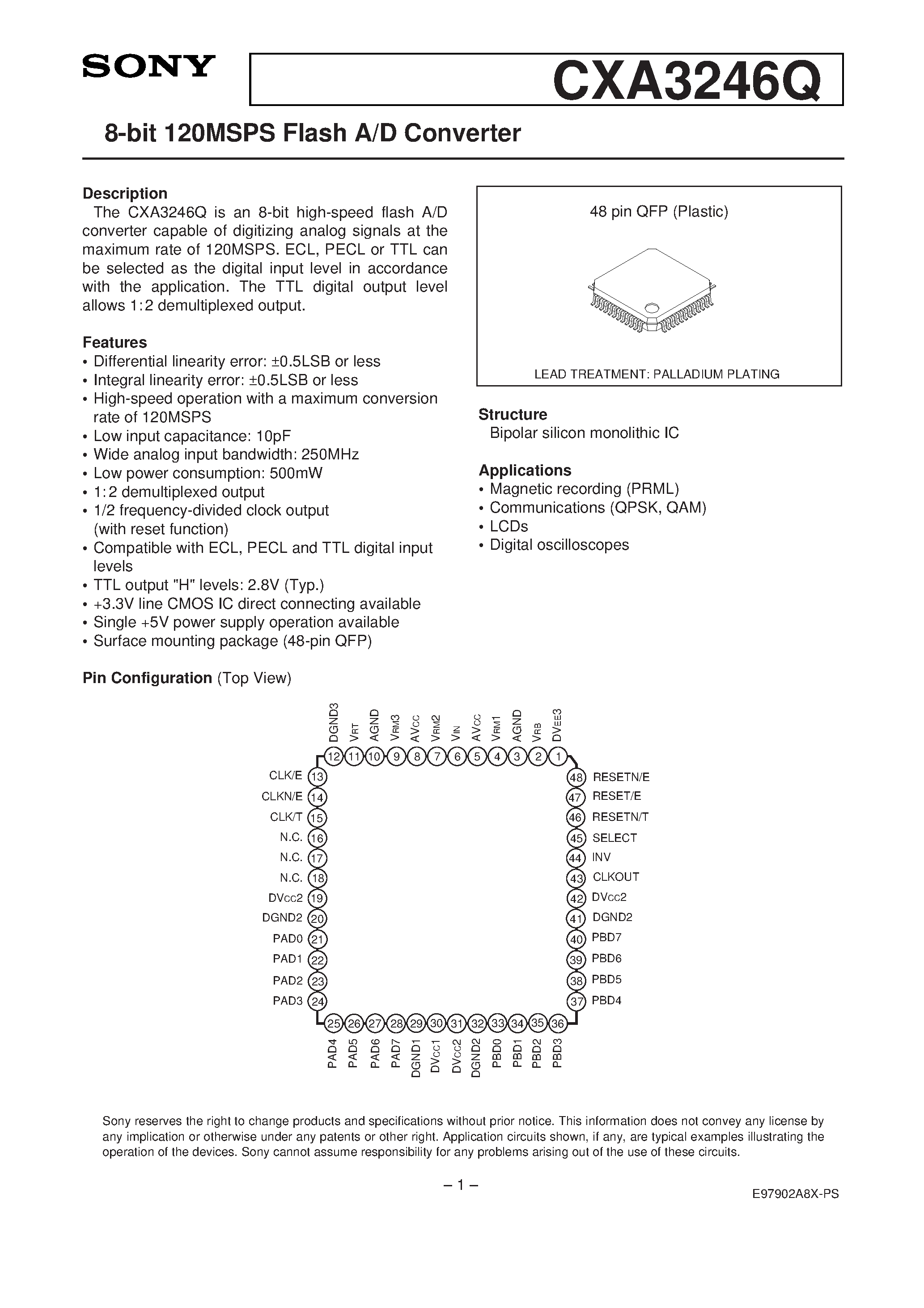 Datasheet CXA3246Q - 8-bit 120MSPS Flash A/D Converter page 1