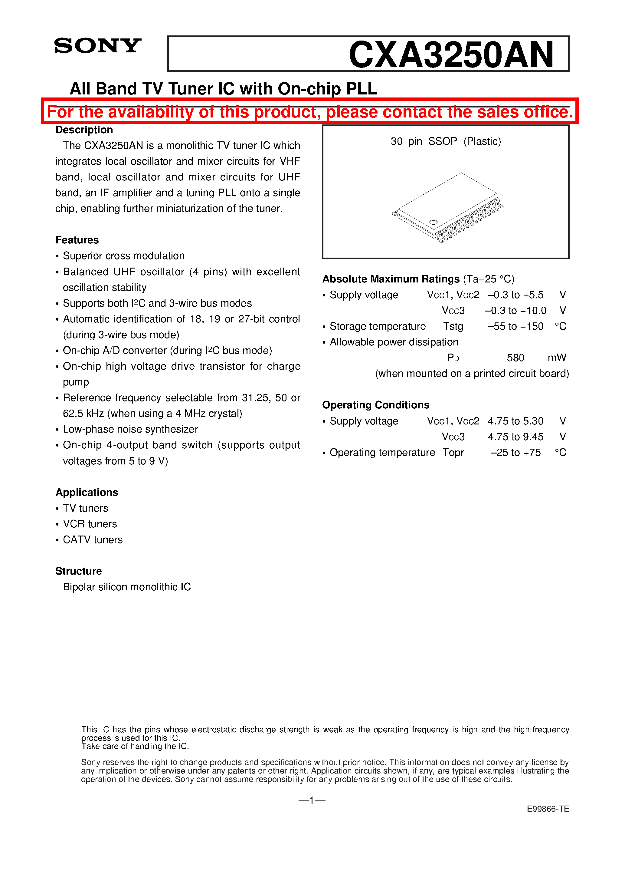 Datasheet CXA3250AN - All Band TV Tuner IC with On-chip PLL page 1