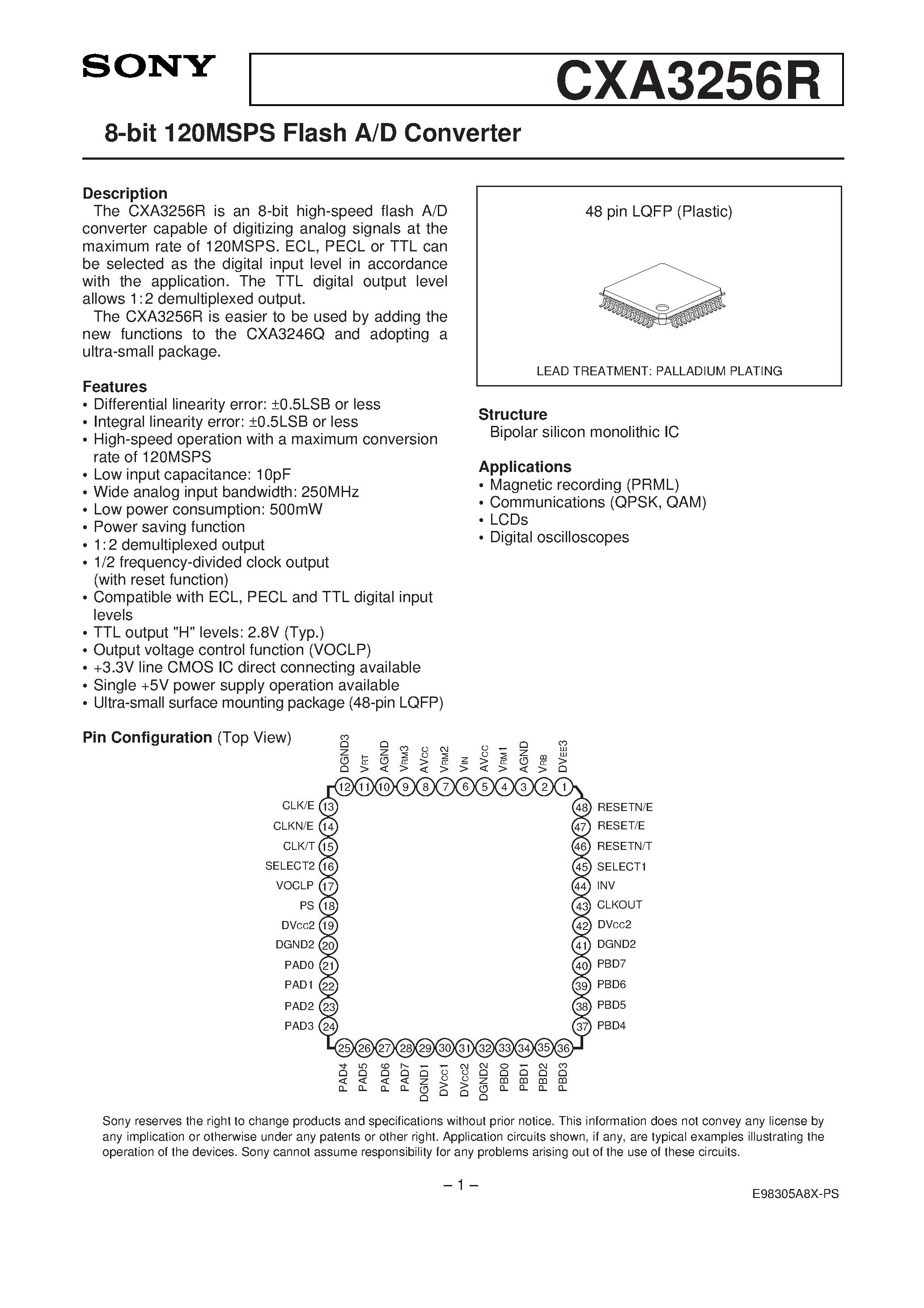 Datasheet CXA3256R - 8-bit 120MSPS Flash A/D Converter page 1