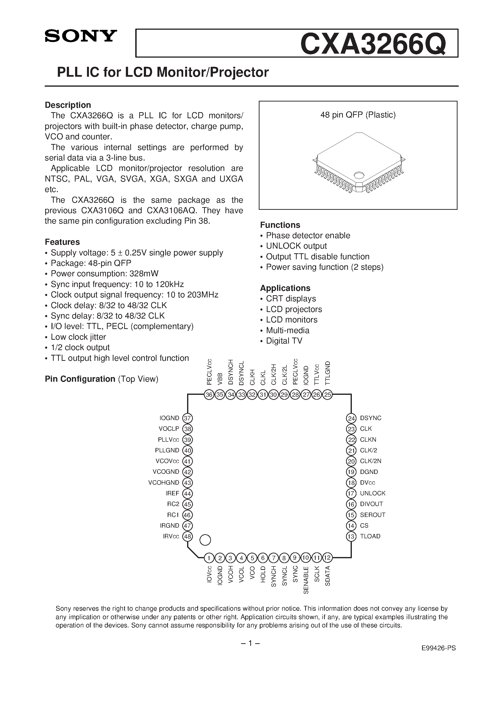 Datasheet CXA3266Q - PLL IC for LCD Monitor/Projector page 1