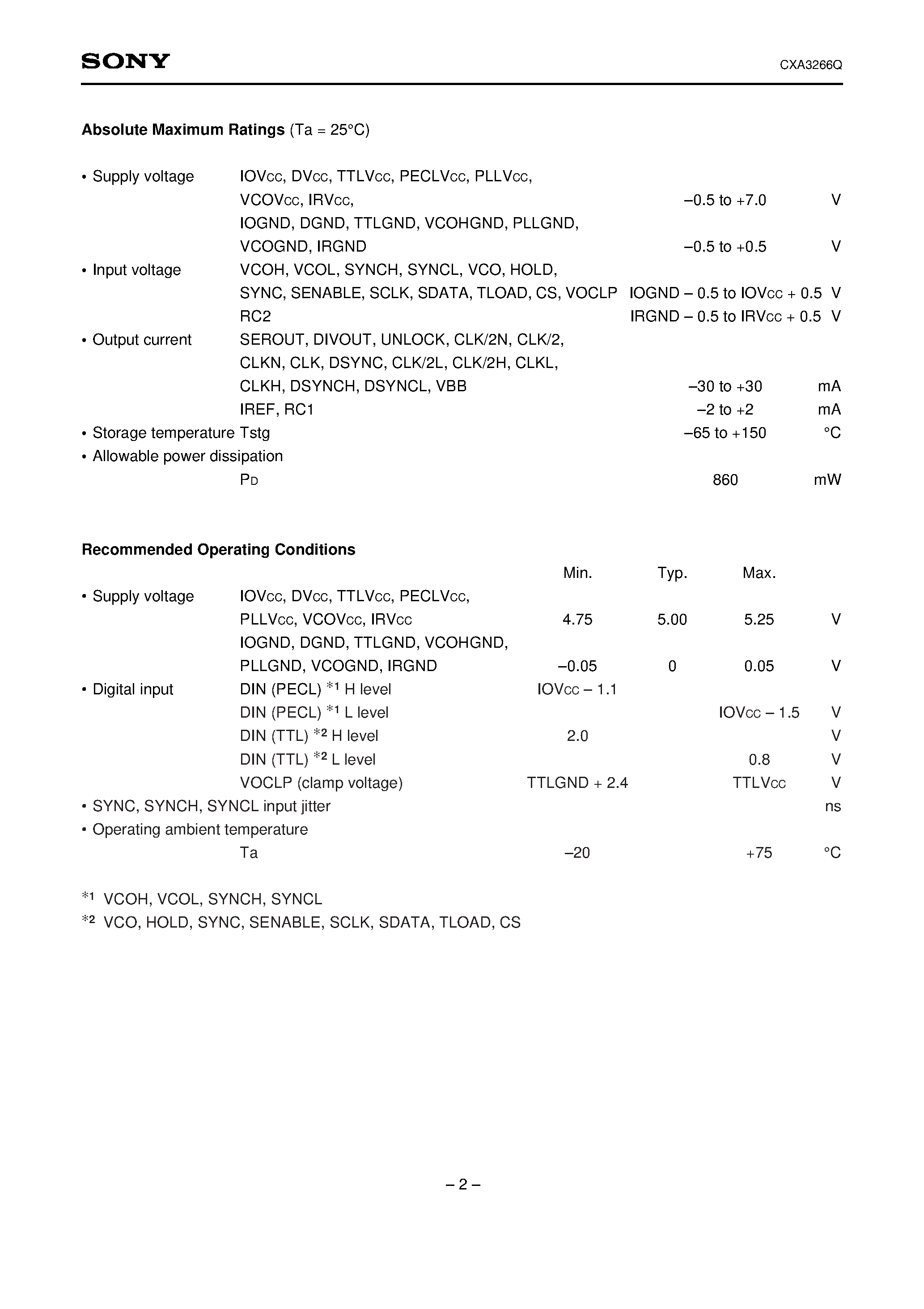 Datasheet CXA3266Q - PLL IC for LCD Monitor/Projector page 2