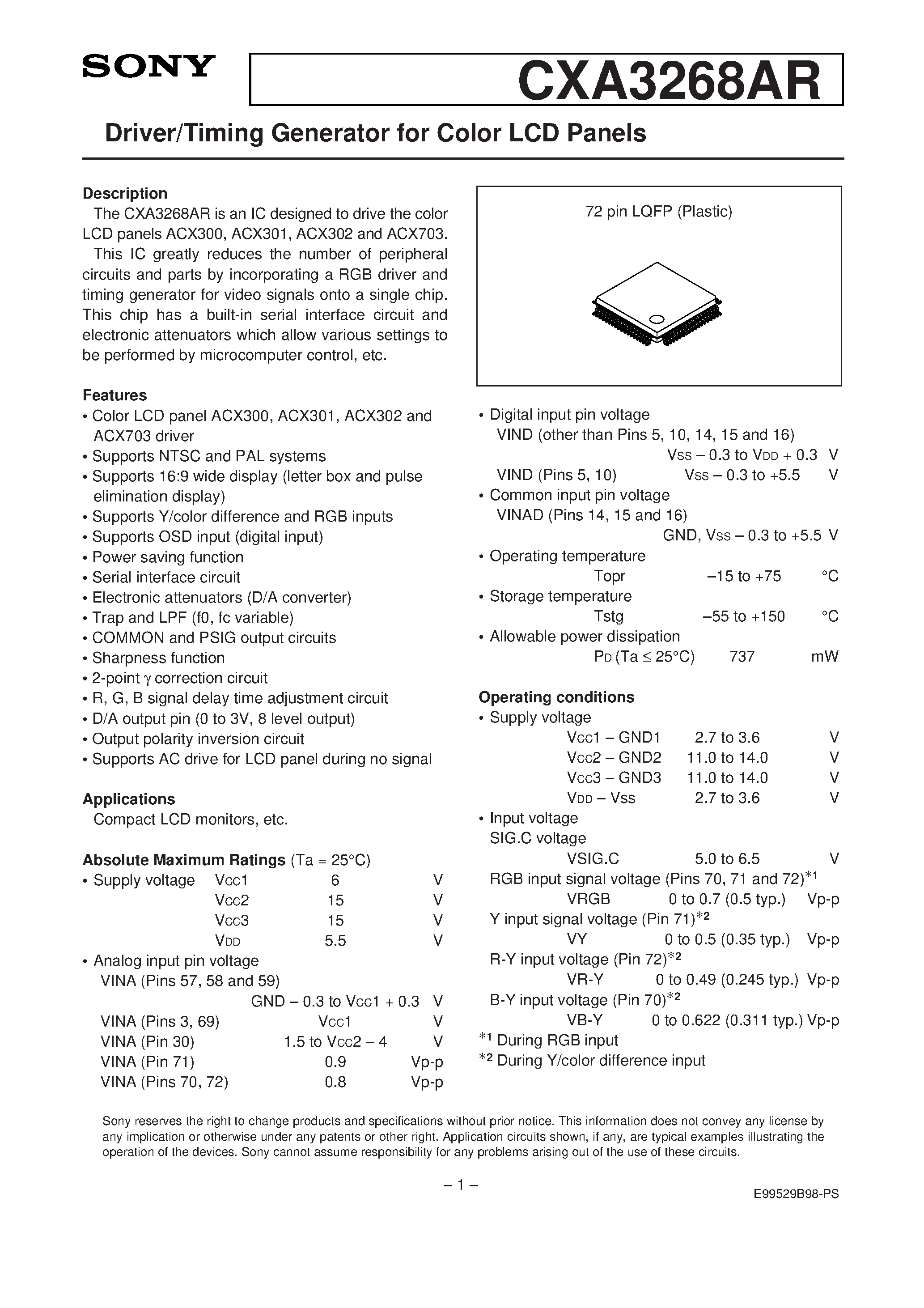 Datasheet CXA3268AR - Driver/Timing Generator for Color LCD Panels page 1