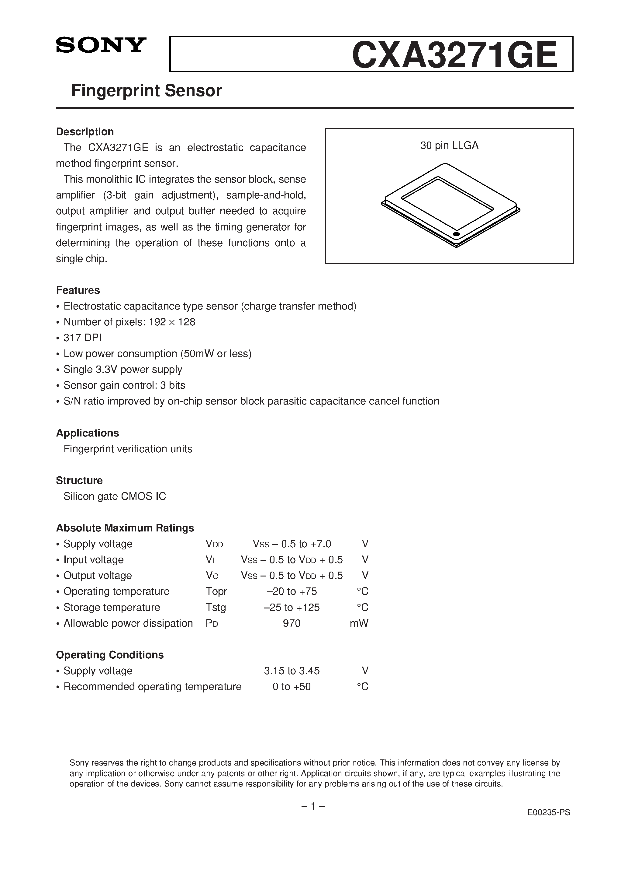 Datasheet CXA3271GE - Fingerprint Sensor page 1