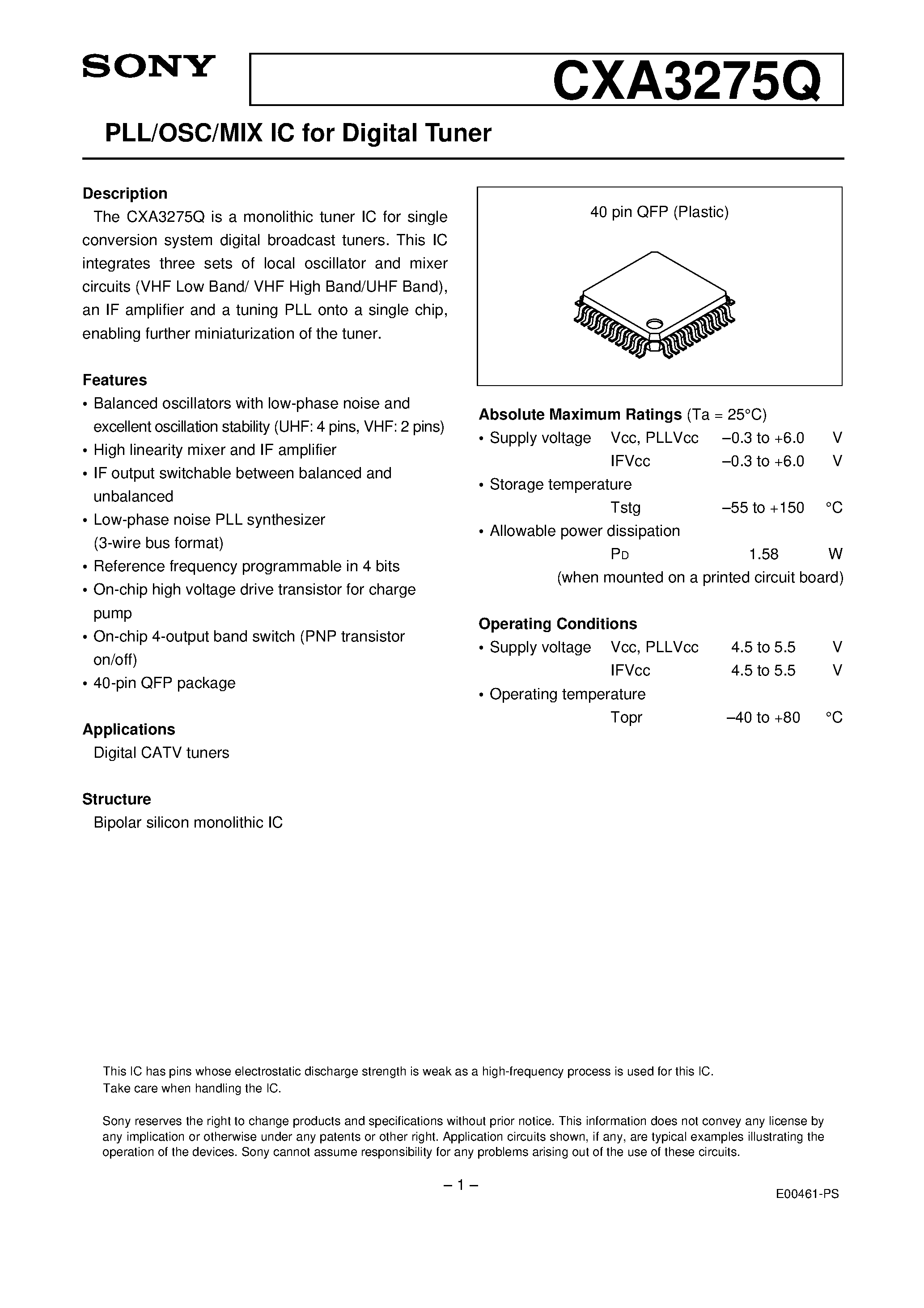 Datasheet CXA3275Q - PLL/OSC/MIX IC for Digital Tuner page 1