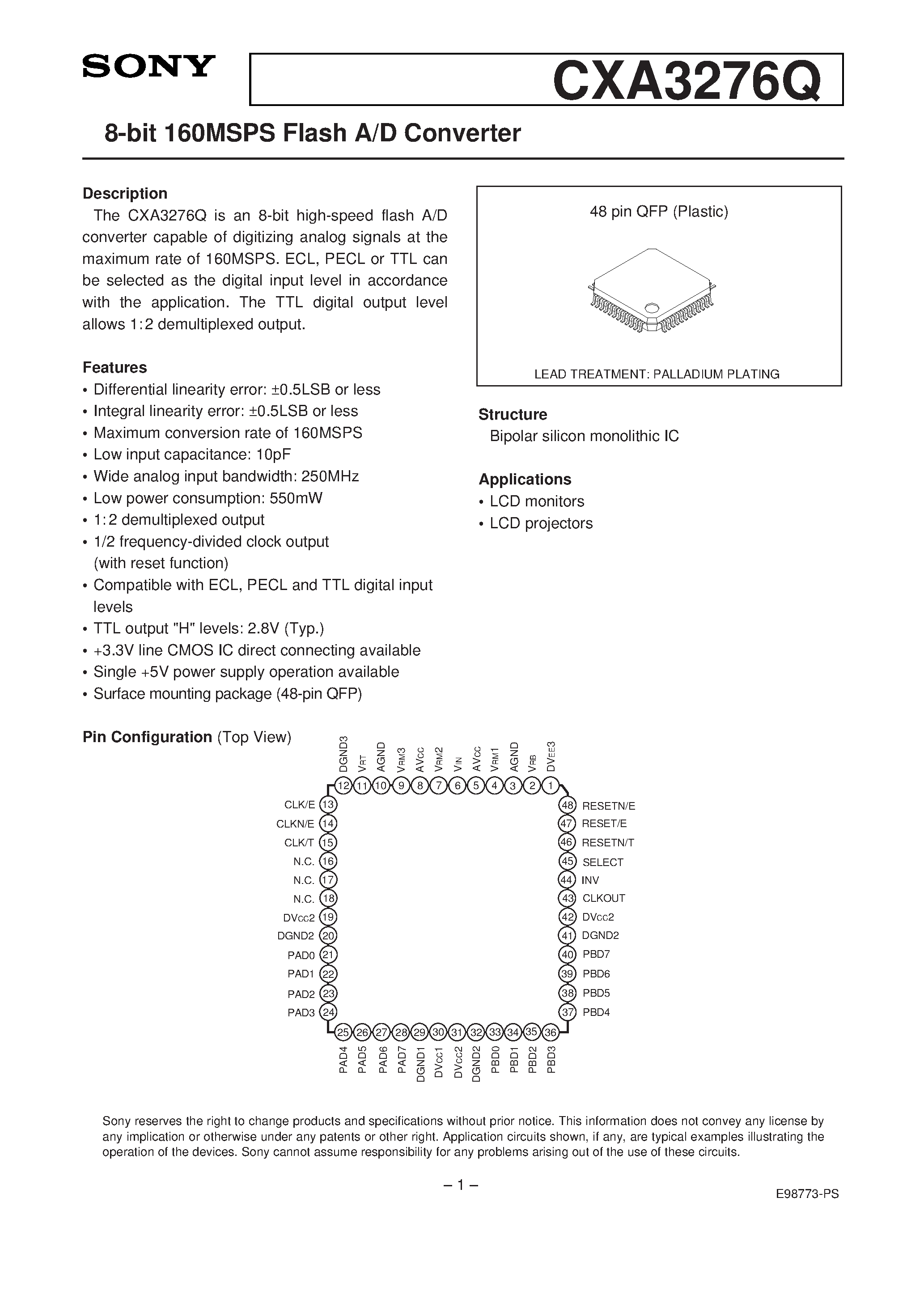 Datasheet CXA3276Q - 8-bit 160MSPS Flash A/D Converter page 1