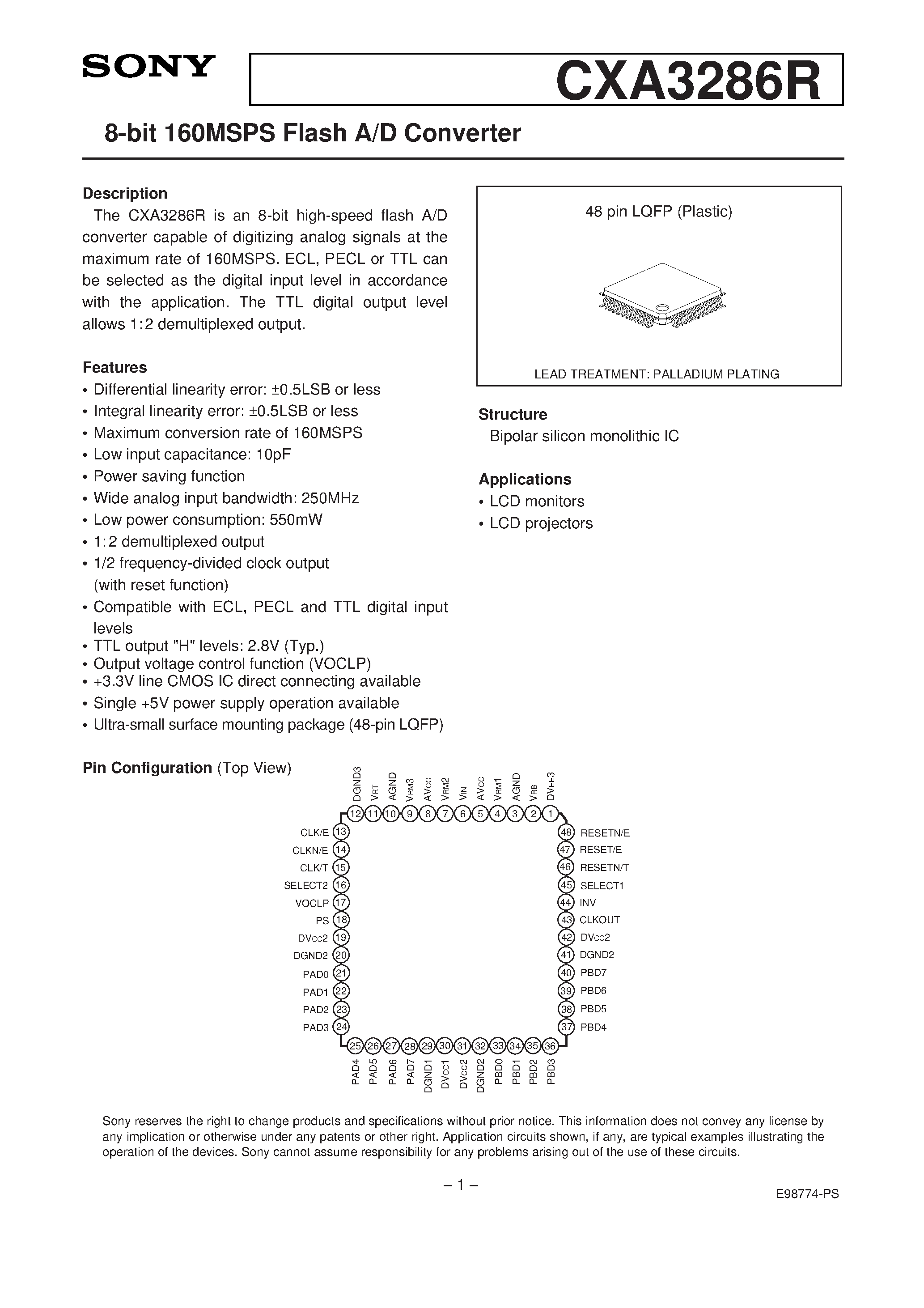 Datasheet CXA3286 - 8-bit 160MSPS Flash A/D Converter page 1