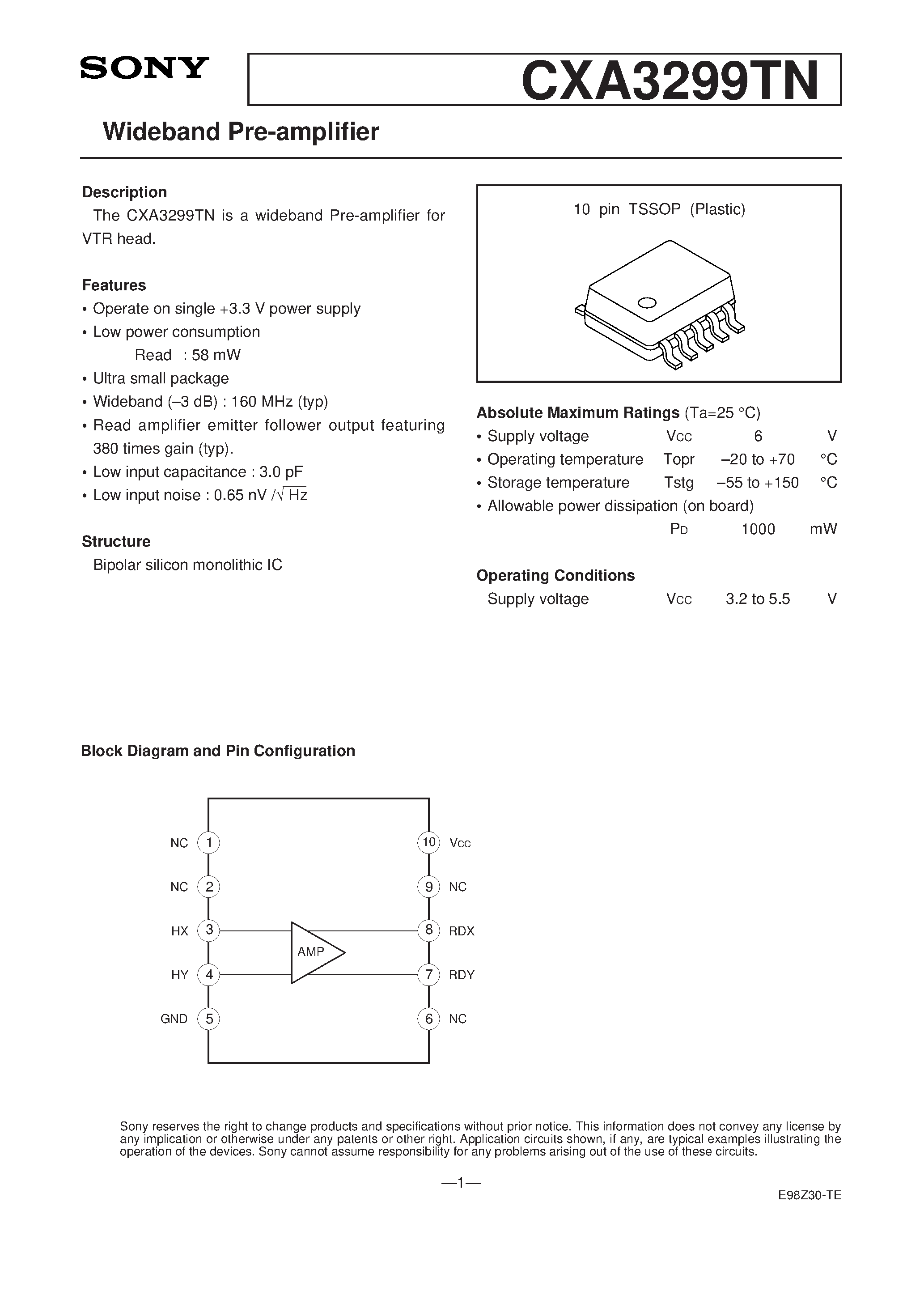 Datasheet CXA3299TN - Wideband Pre-amplifier page 1