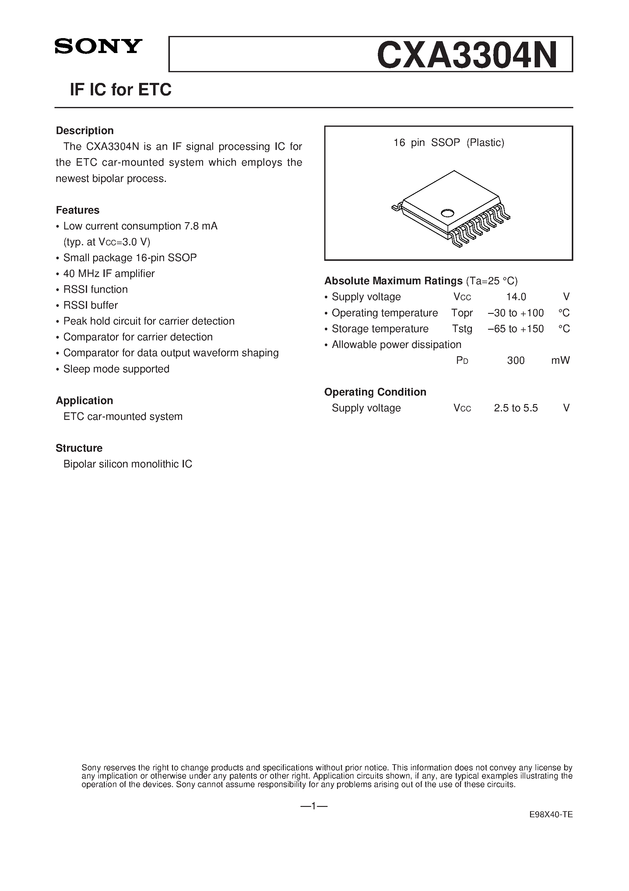 Datasheet CXA3304N - IF IC for ETC page 1