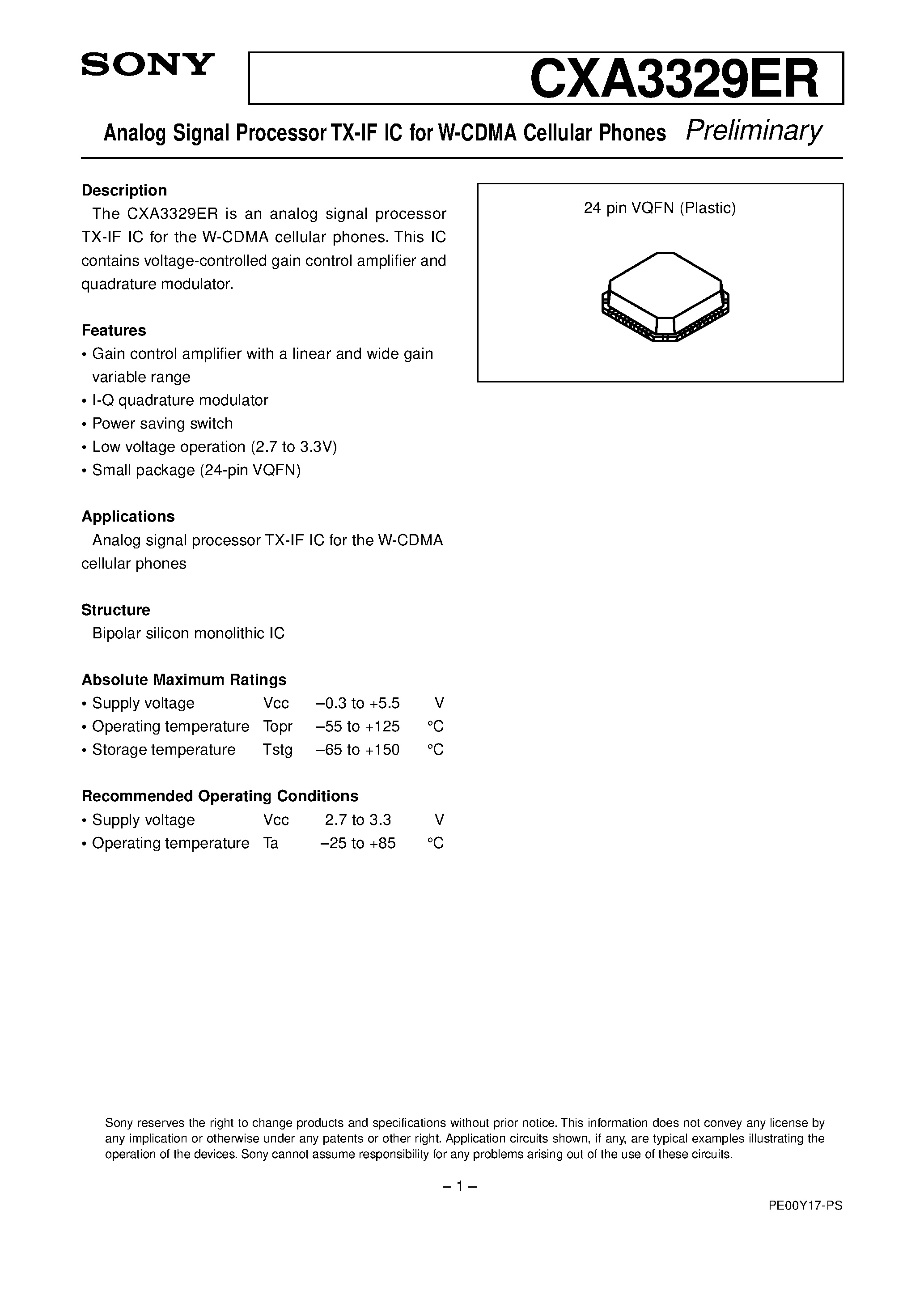 Datasheet CXA3329ER - Analog Signal Processor TX-IF IC for W-CDMA Cellular Phones page 1