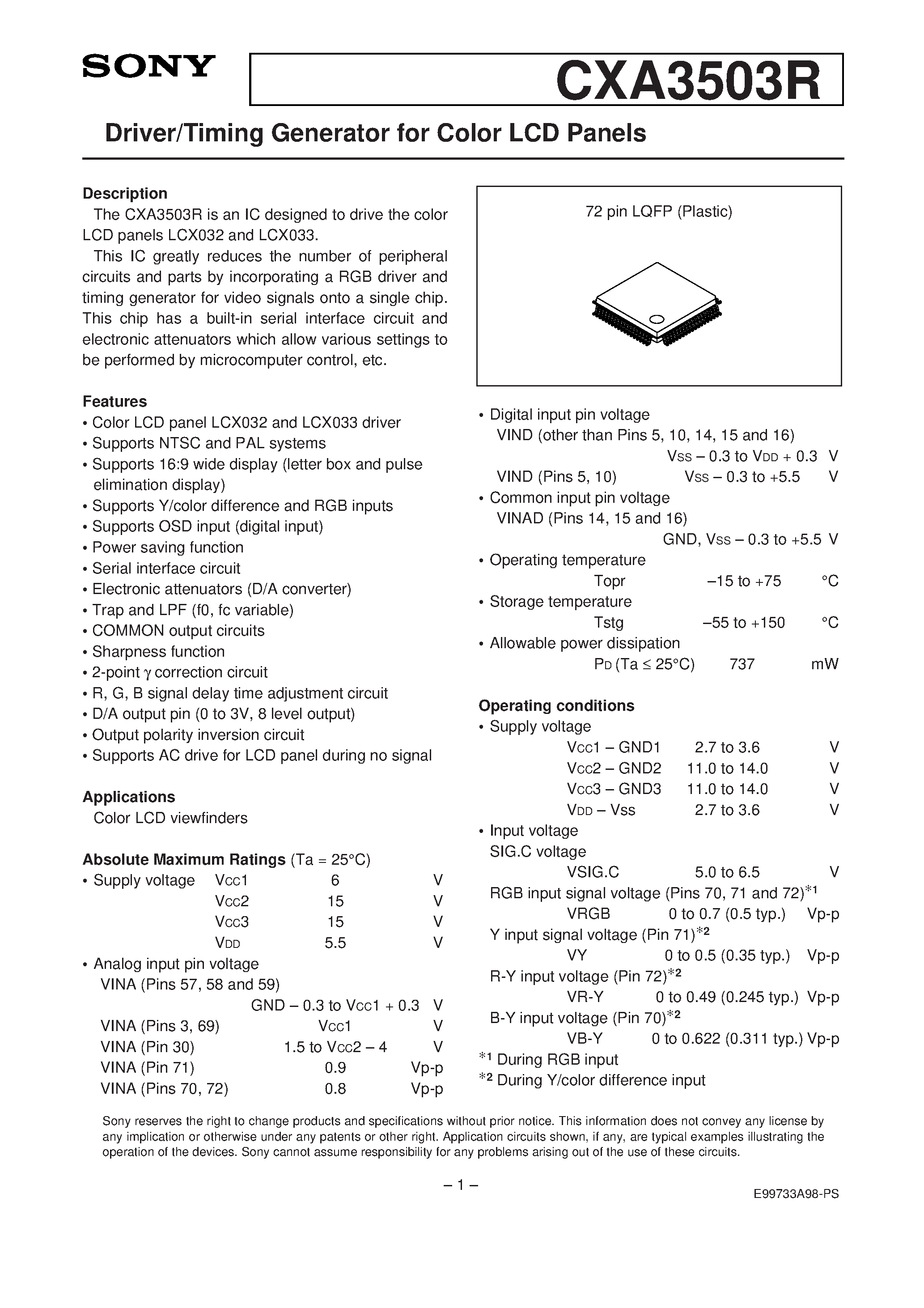 Datasheet CXA3503 - Driver/Timing Generator for Color LCD Panels page 1