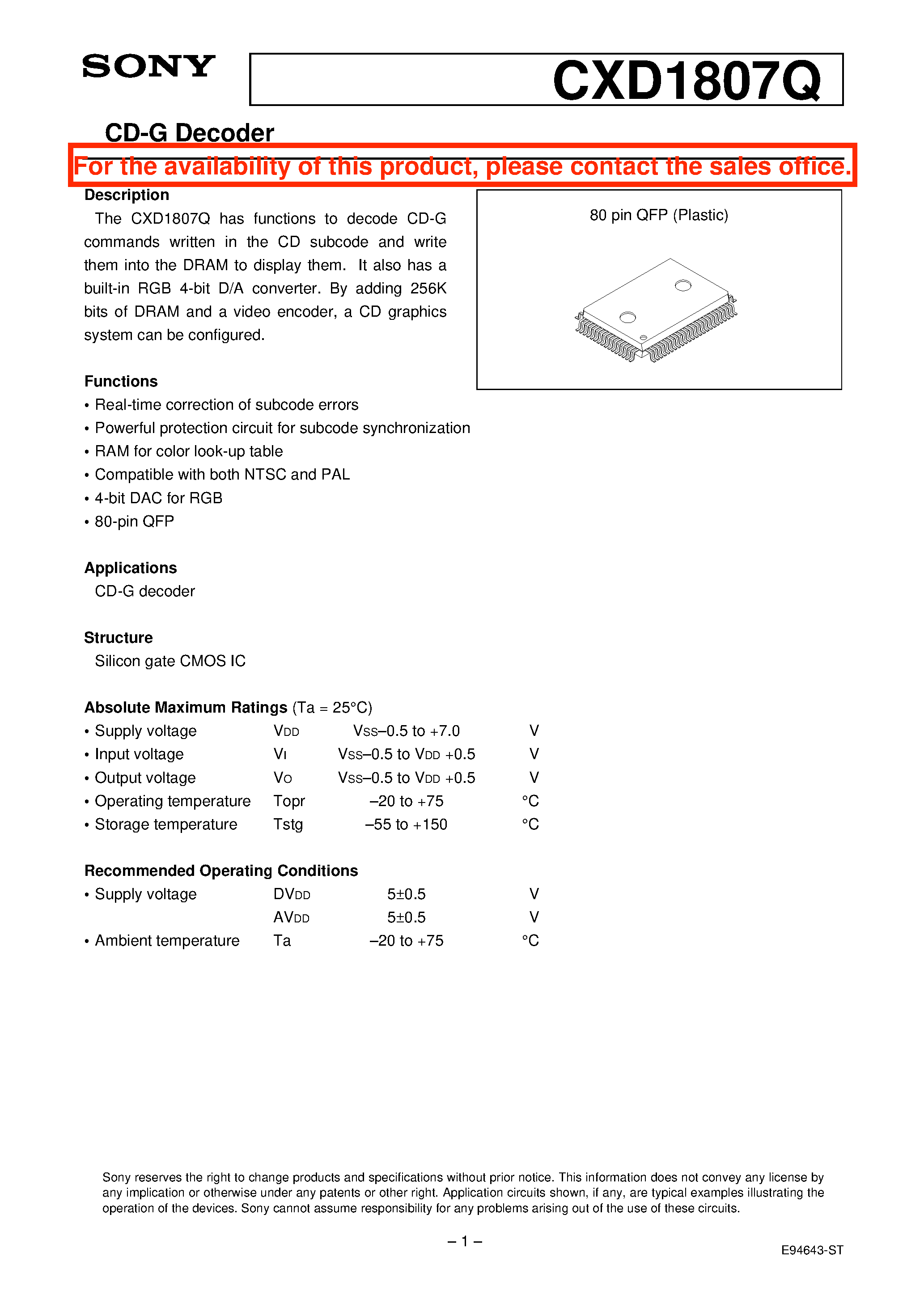 Даташит CXD1807Q - CD-G Decoder страница 1