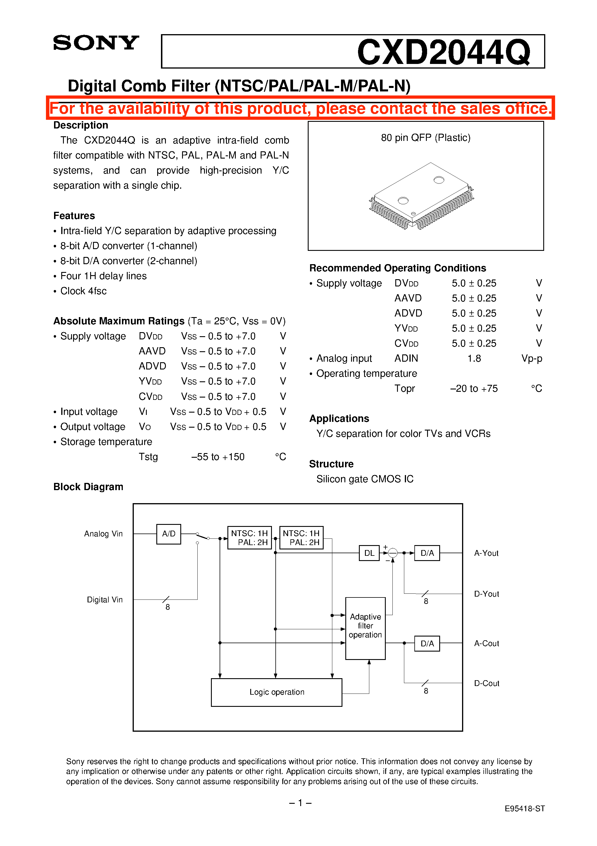 Datasheet CXD2044Q - Digital Comb Filter (NTSC/PAL/PAL-M/PAL-N) page 1