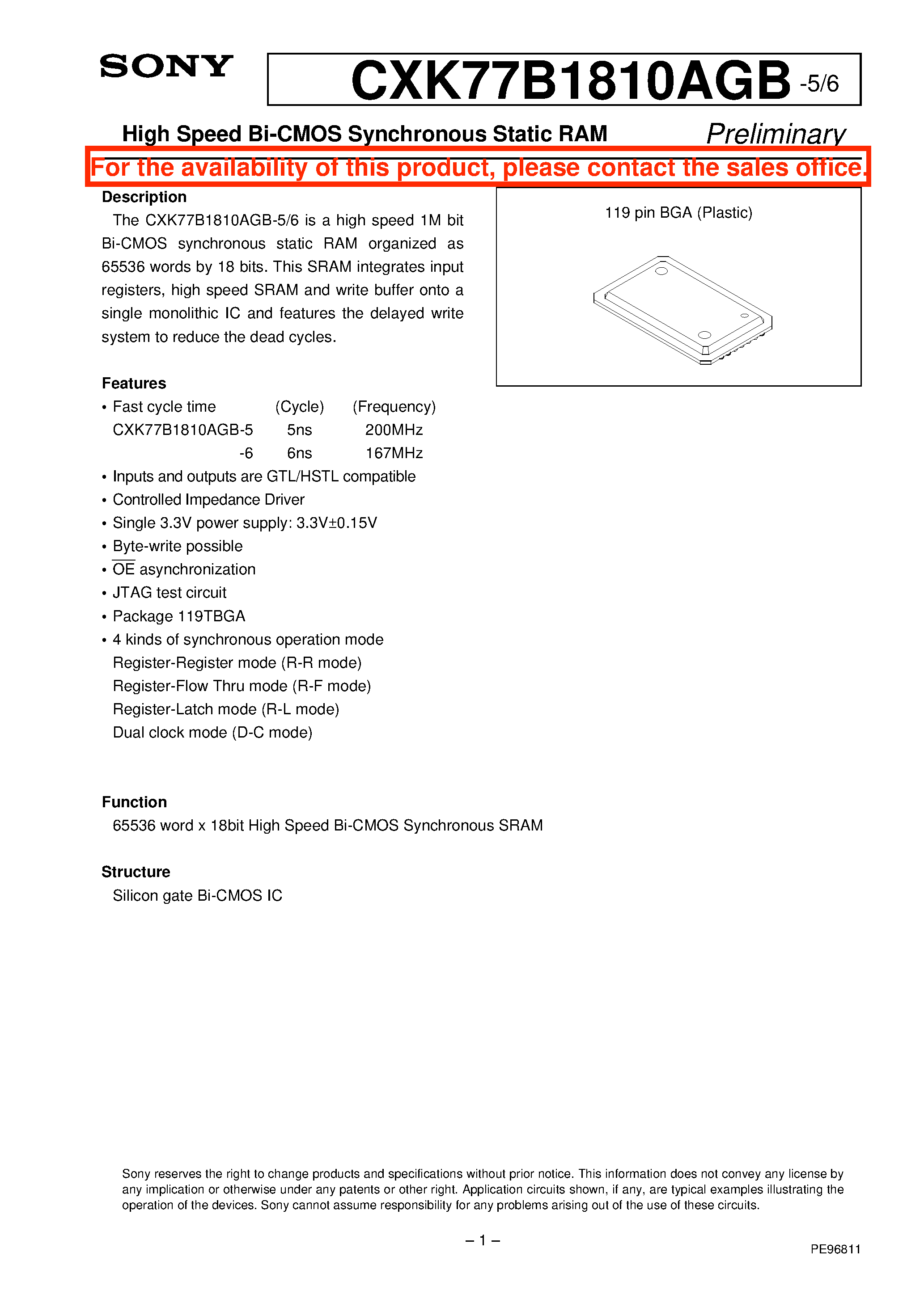 Даташит CXK77B1810AGB-6 - High Speed Bi-CMOS Synchronous Static RAM страница 1