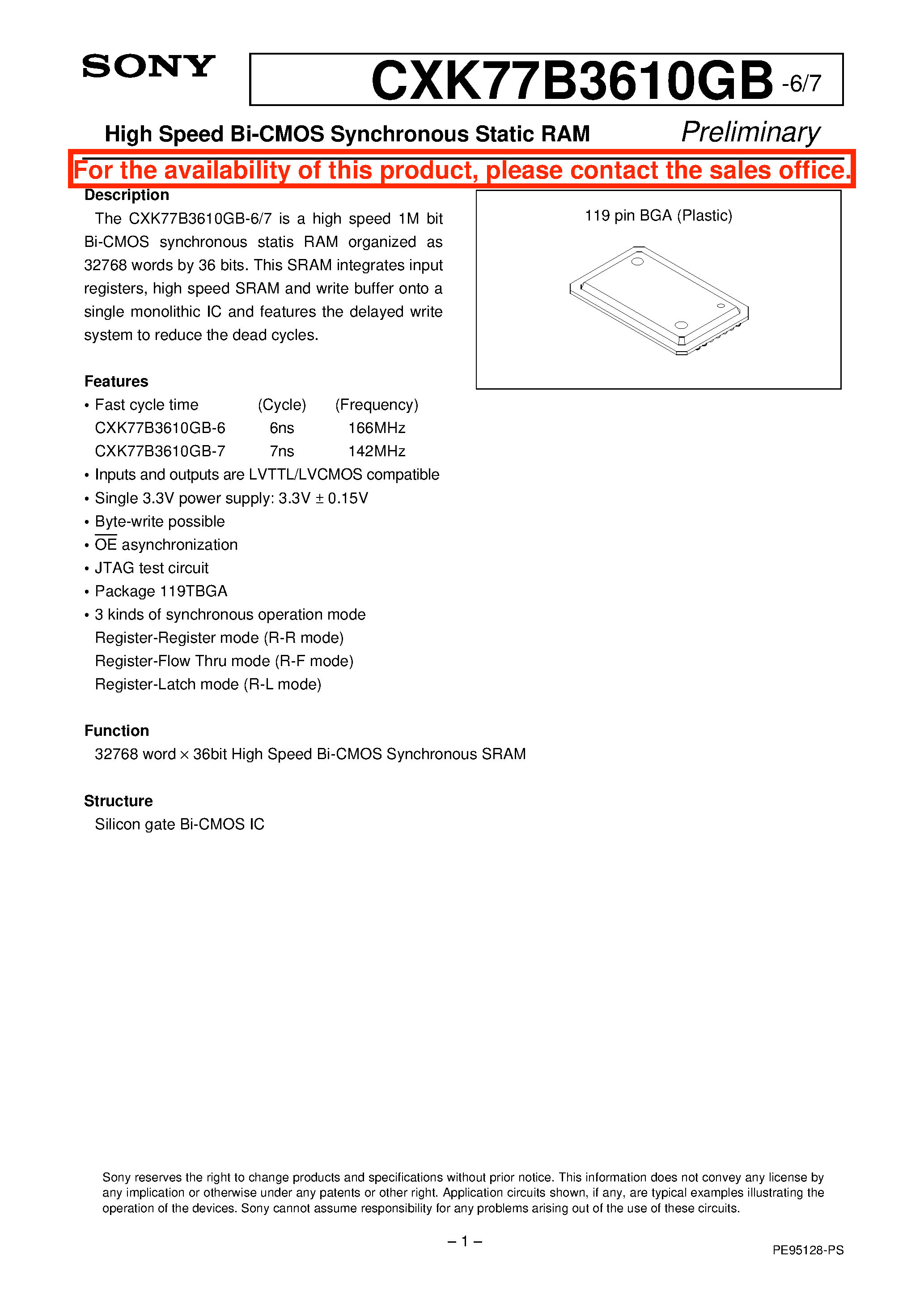 Даташит CXK77B3610GB-6 - High Speed Bi-CMOS Synchronous Static RAM страница 1