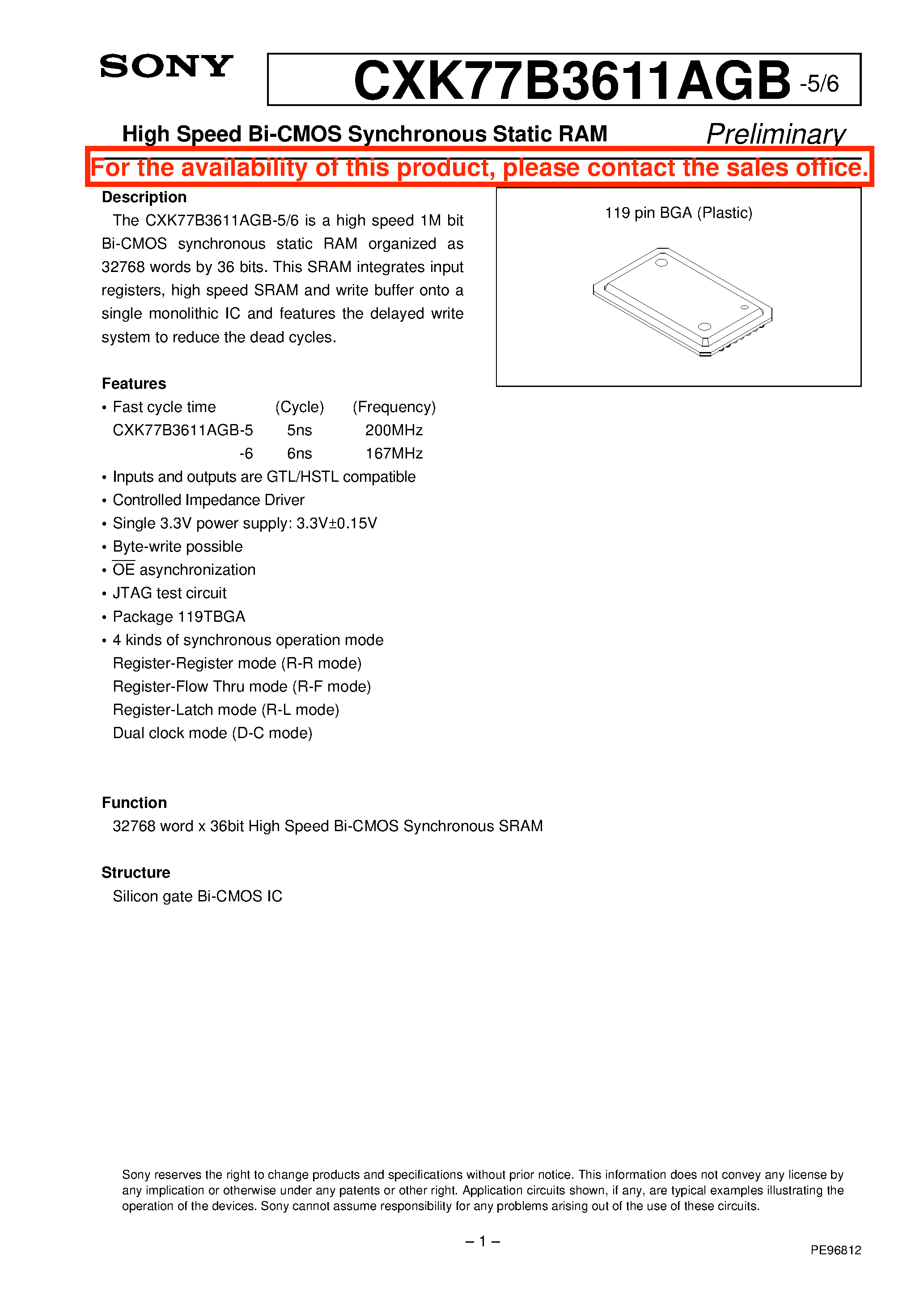 Даташит CXK77B3611AGB-6 - High Speed Bi-CMOS Synchronous Static RAM страница 1