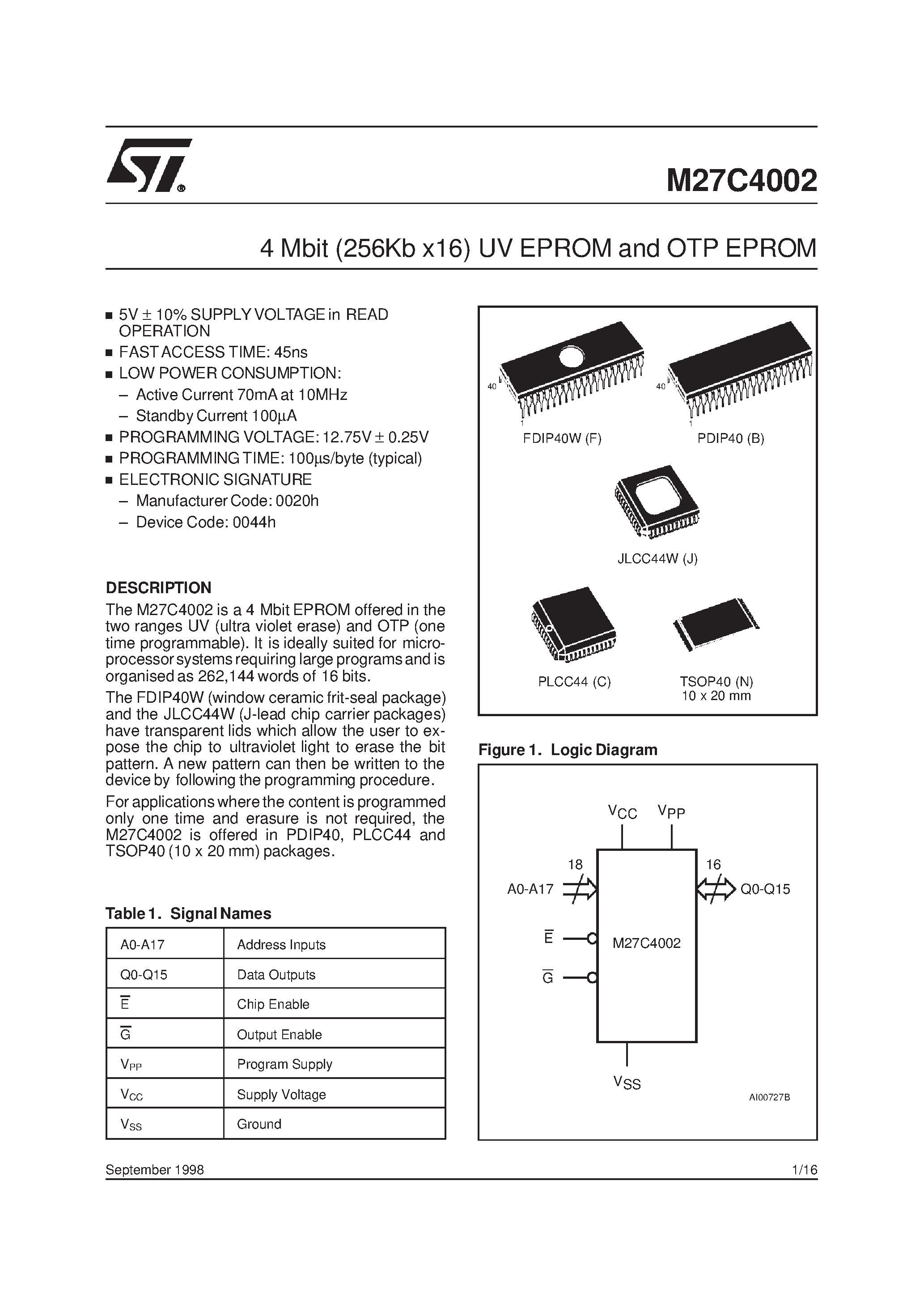 Даташит M27C4002-12N6TR - 4 Mbit 256Kb x16 UV EPROM and OTP EPROM страница 1