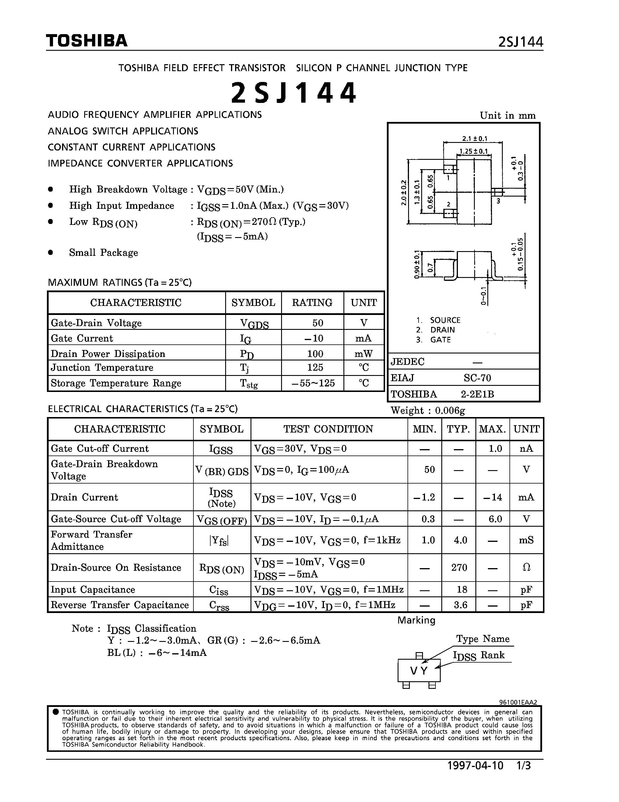 Datasheet 2SJ144 - P CHANNEL JUNCTION TYPE (AUDIO FREQUENCY AMPLIFIER APPLICATIONS) page 1