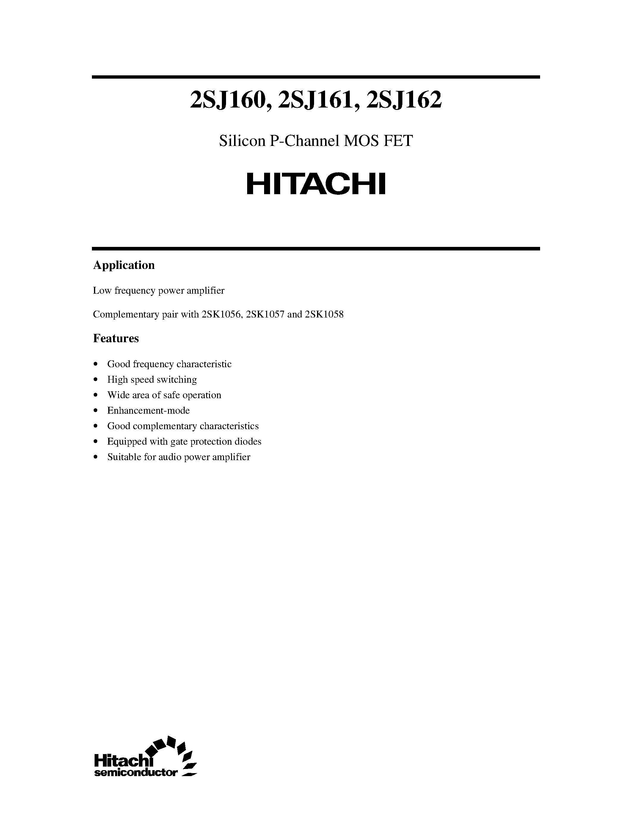 Datasheet 2SJ160 - Silicon P-Channel MOS FET page 1