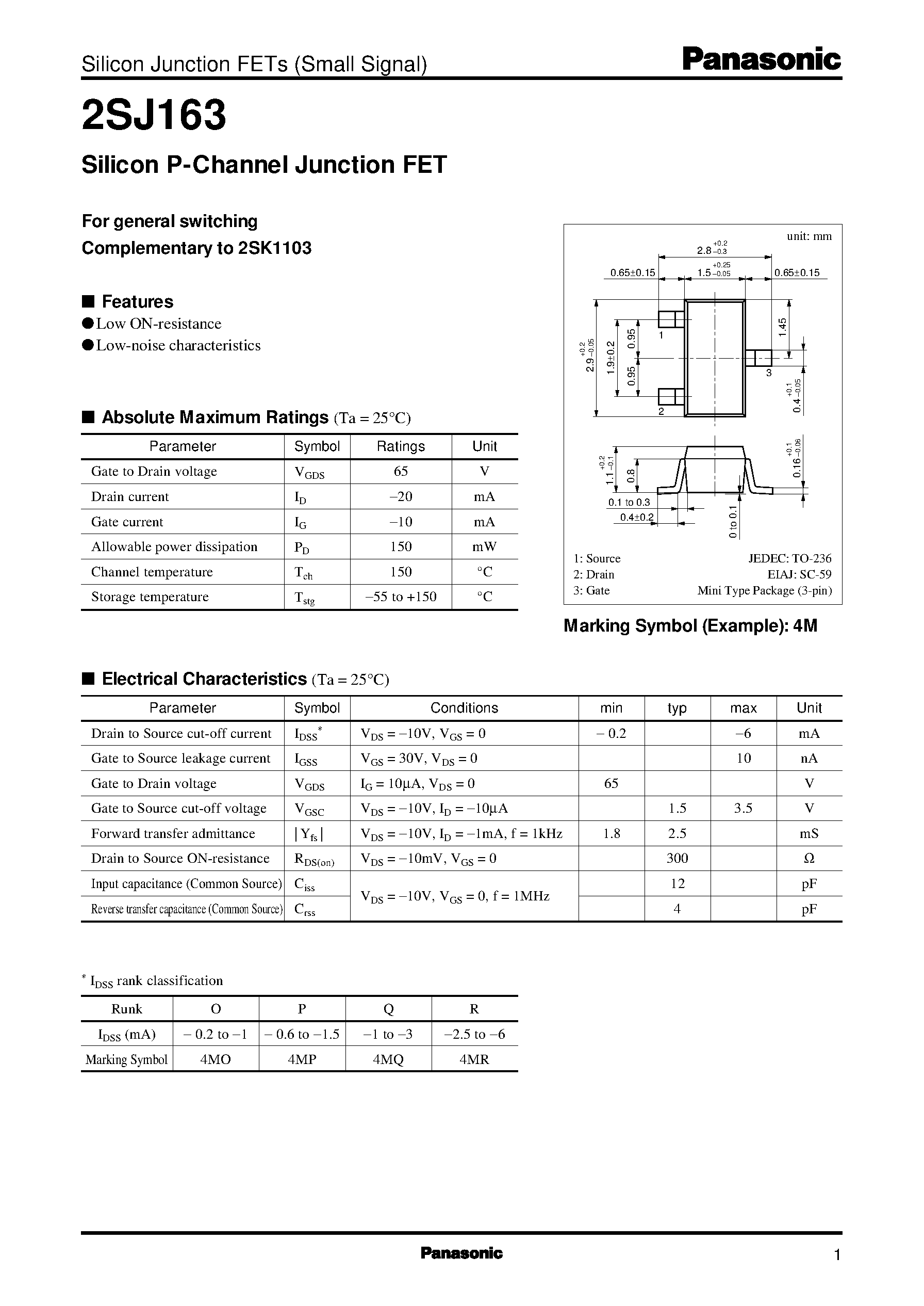 Datasheet 2SJ163 - Silicon P-Channel Junction FET page 1