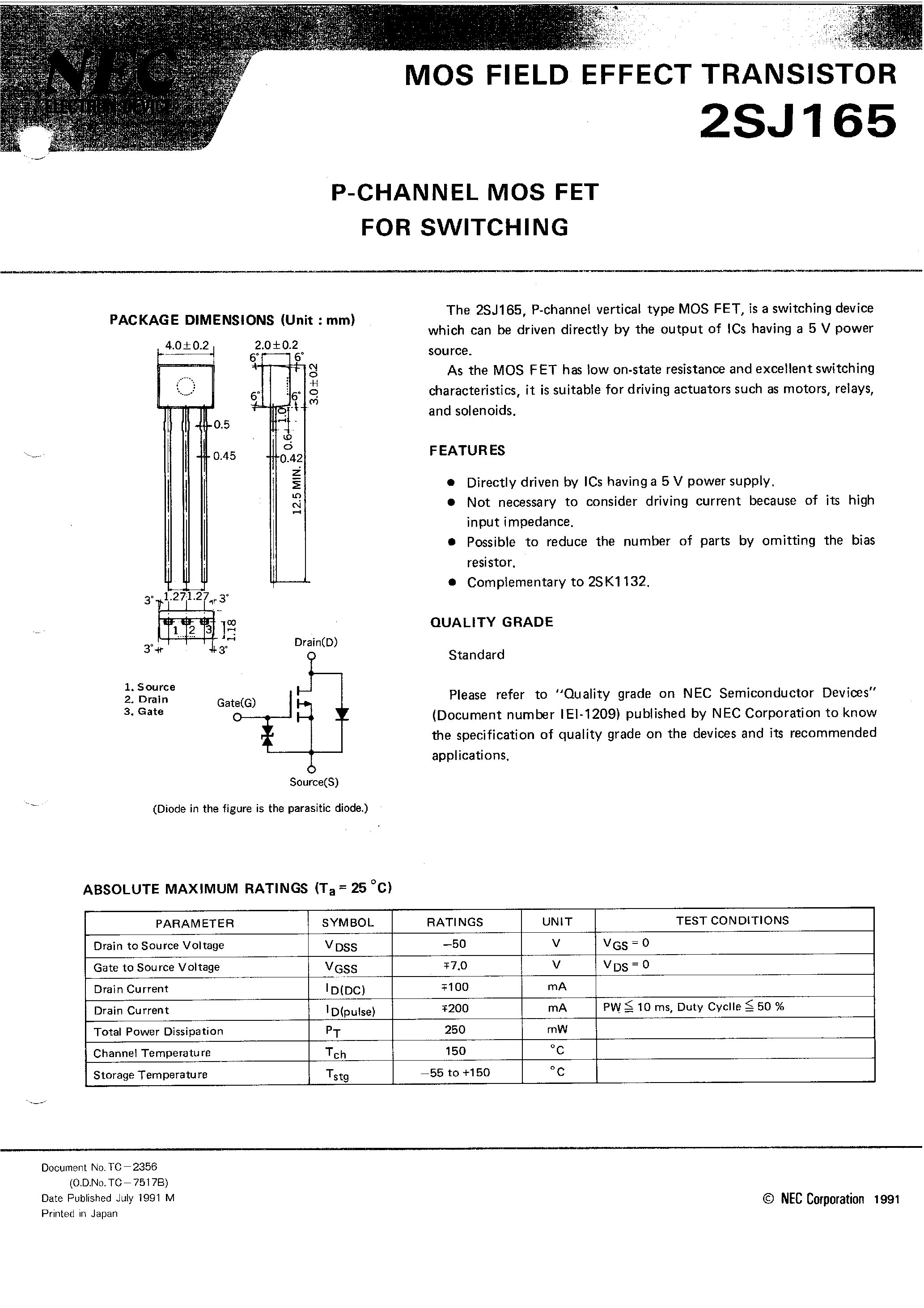 Datasheet 2SJ165 - P-CHANNEL MOS FET FOR SWITCHING page 1