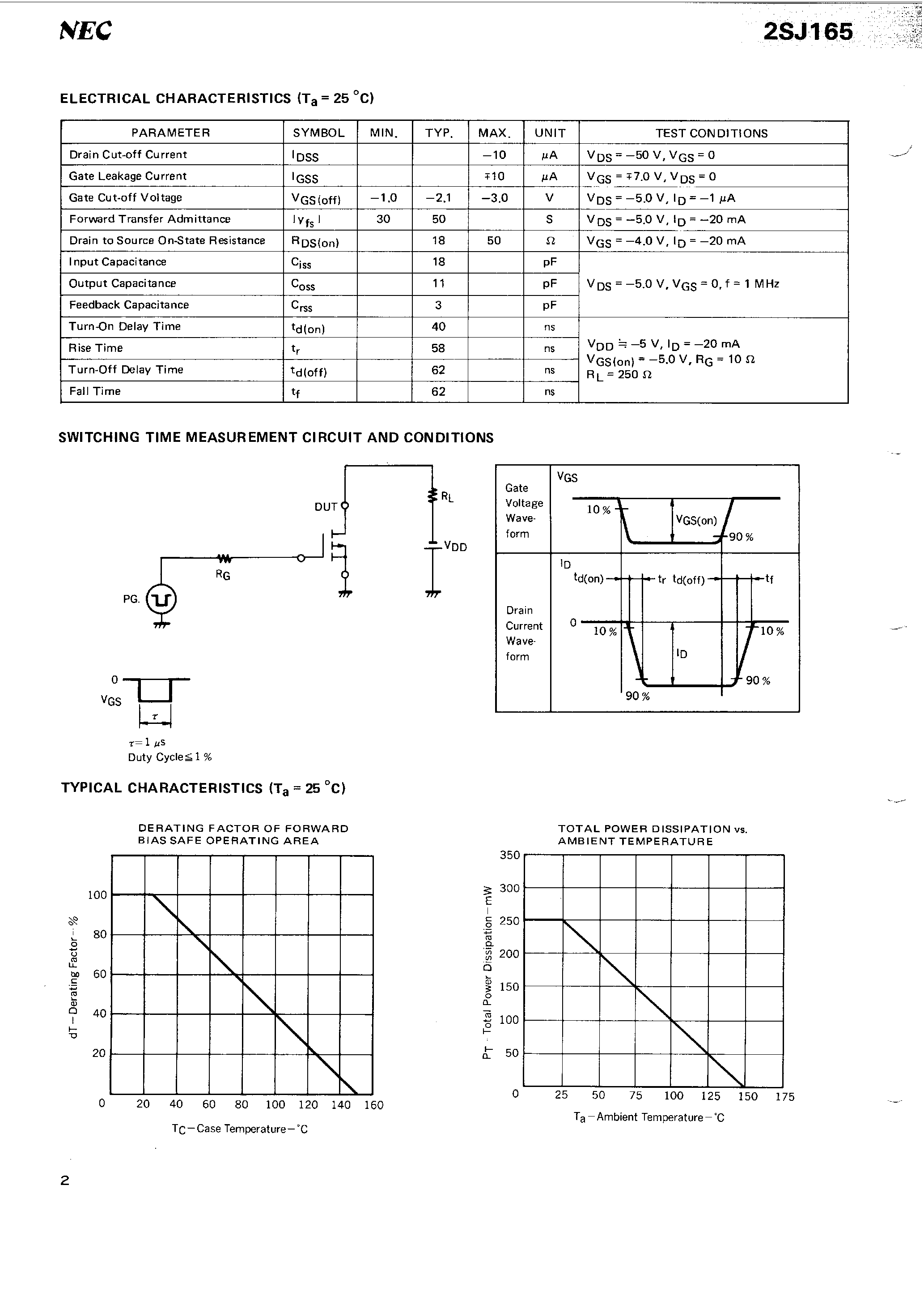 Datasheet 2SJ165 - P-CHANNEL MOS FET FOR SWITCHING page 2