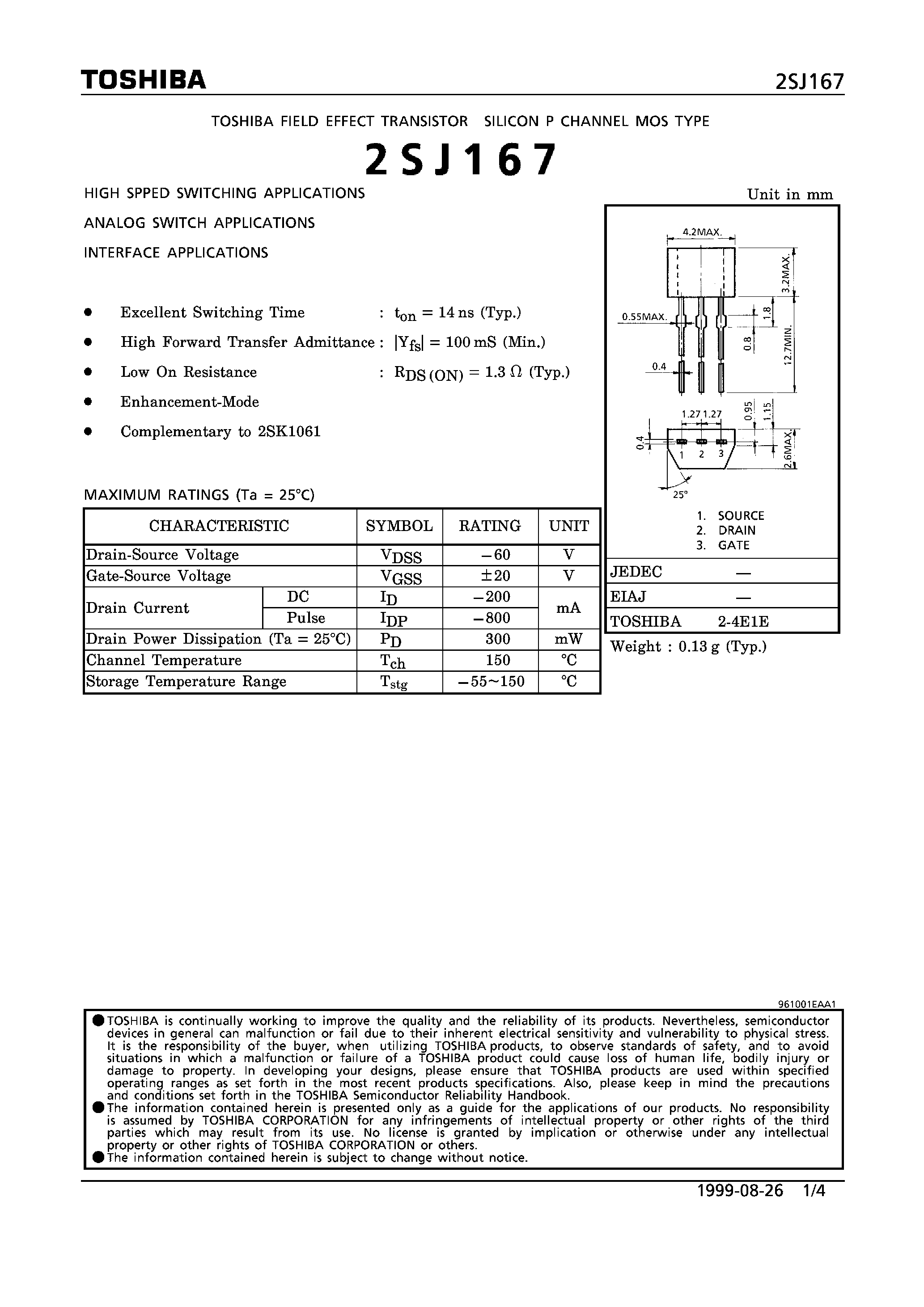 Datasheet 2SJ167 - P CHANNEL MOS TYPE (HIGH SPEED SWITCHING/ ANALOG SWITCH/ INTERFACE APPLICATIONS) page 1