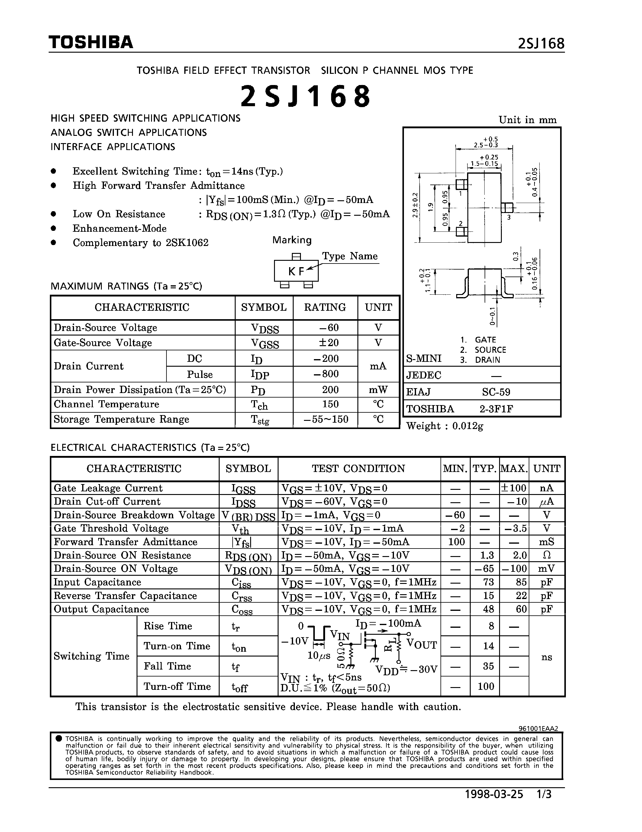 Datasheet 2SJ168 - P CHANNEL MOS TYPE (HIGH SPEED SWITCHING/ ANALOG SWITCH/ INTERFACE APPLICATIONS) page 1