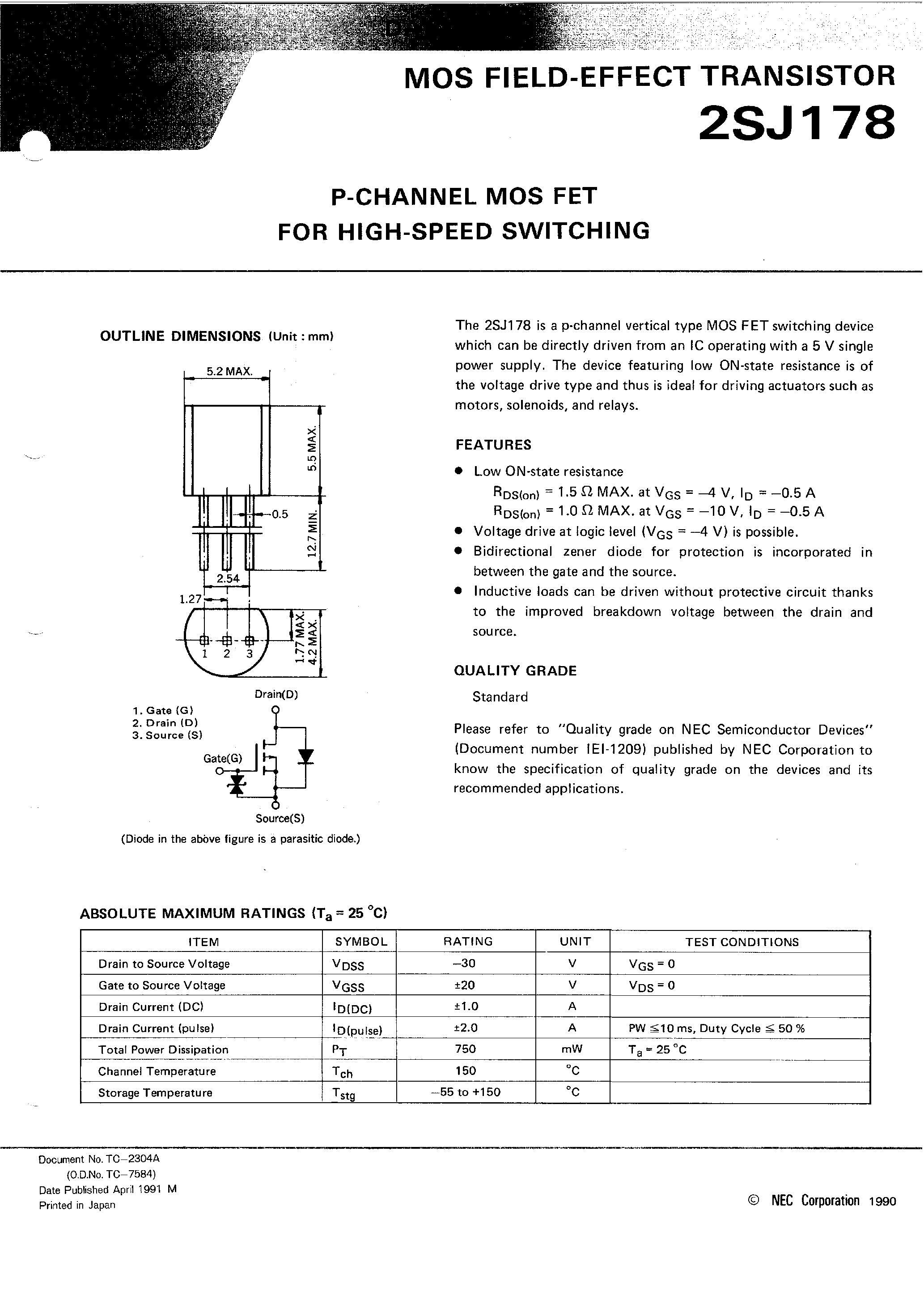 Datasheet 2SJ178 - P-CHANNEL MOS FET FOR HIGH SPEED SWITCHING page 1