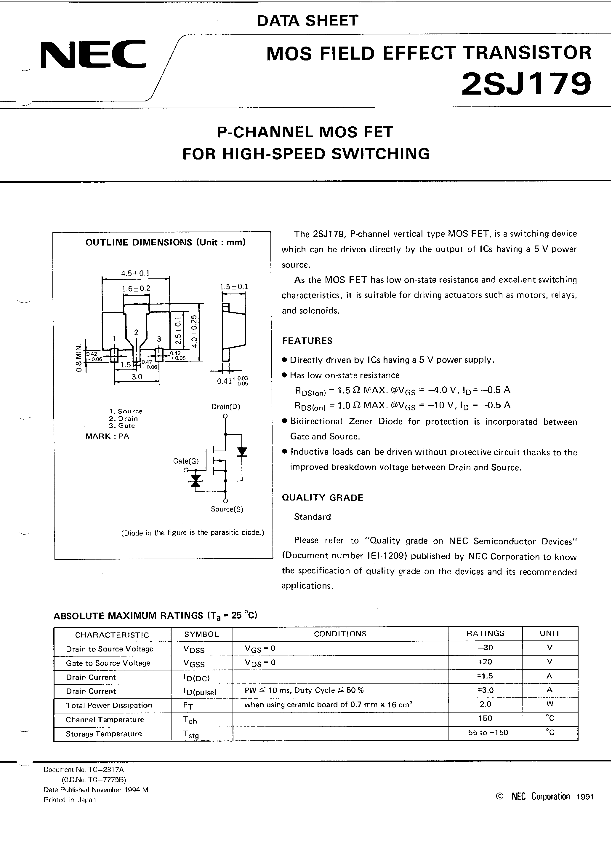 Datasheet 2SJ179 - P-CHANNEL MOS FET FOR HIGH SPEED SWITCHING page 1