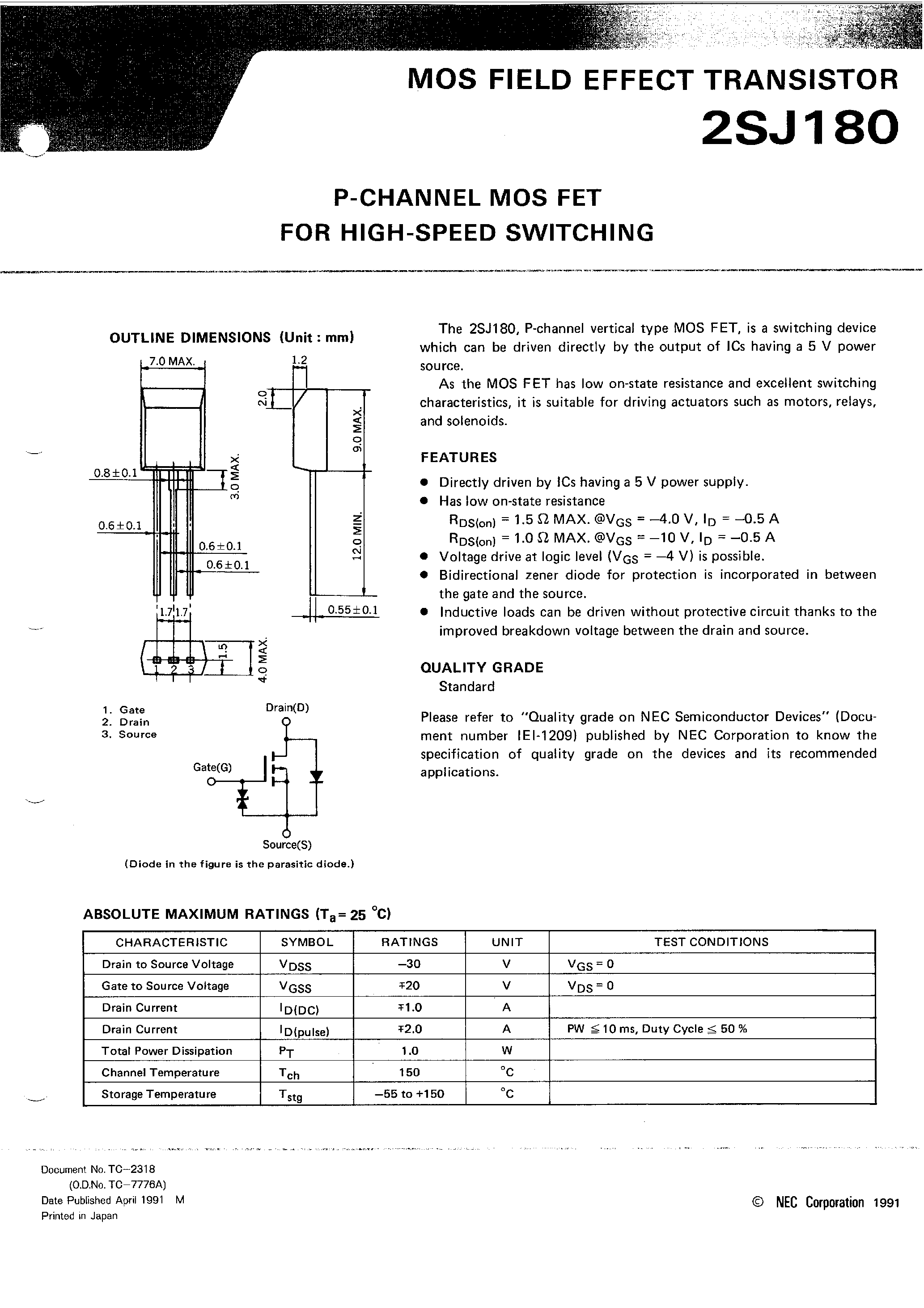 Datasheet 2SJ180 - P-CHANNEL MOS FET FOR HIGH SPEED SWITCHING page 1