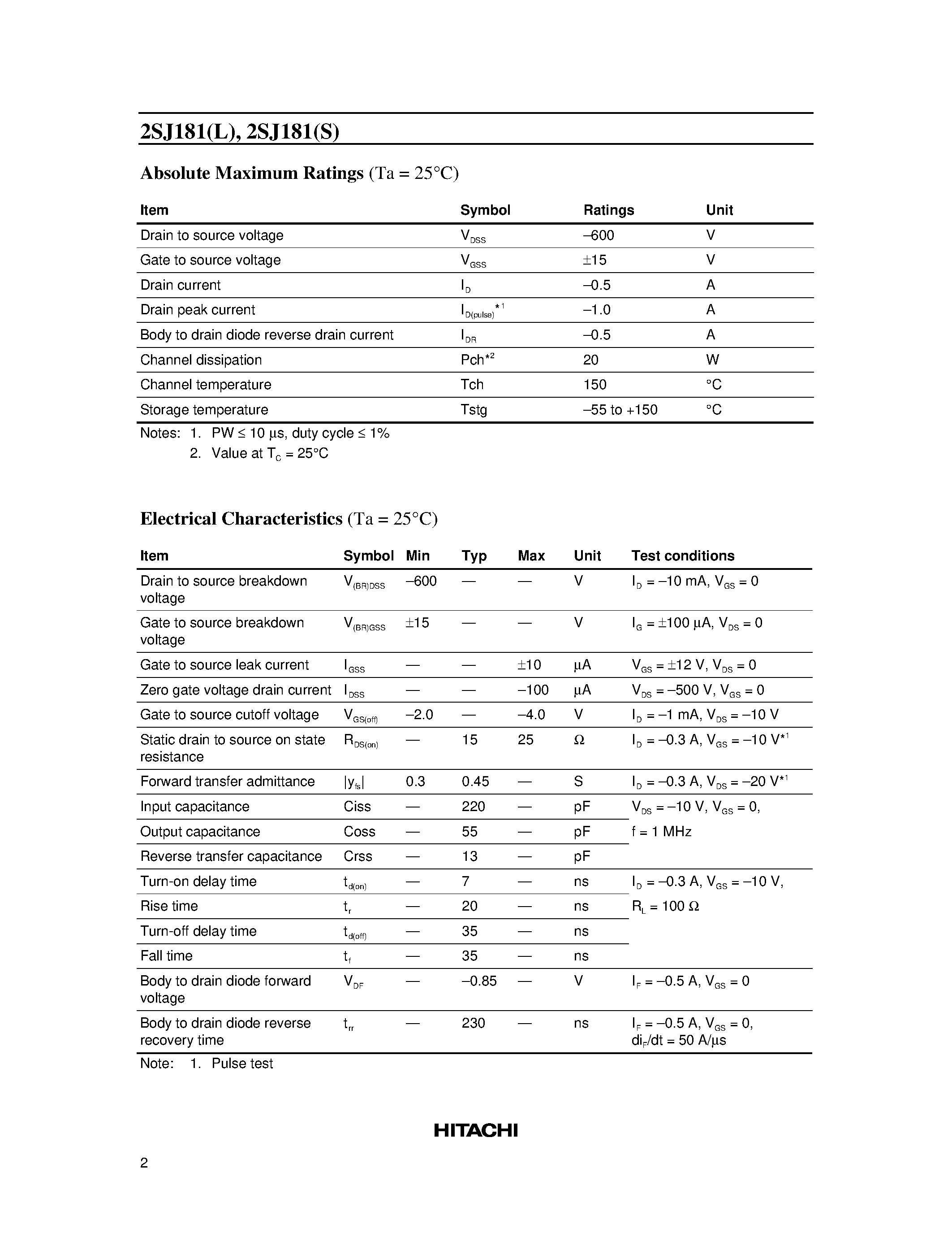 Datasheet 2SJ181L - Silicon P-Channel MOS FET page 2