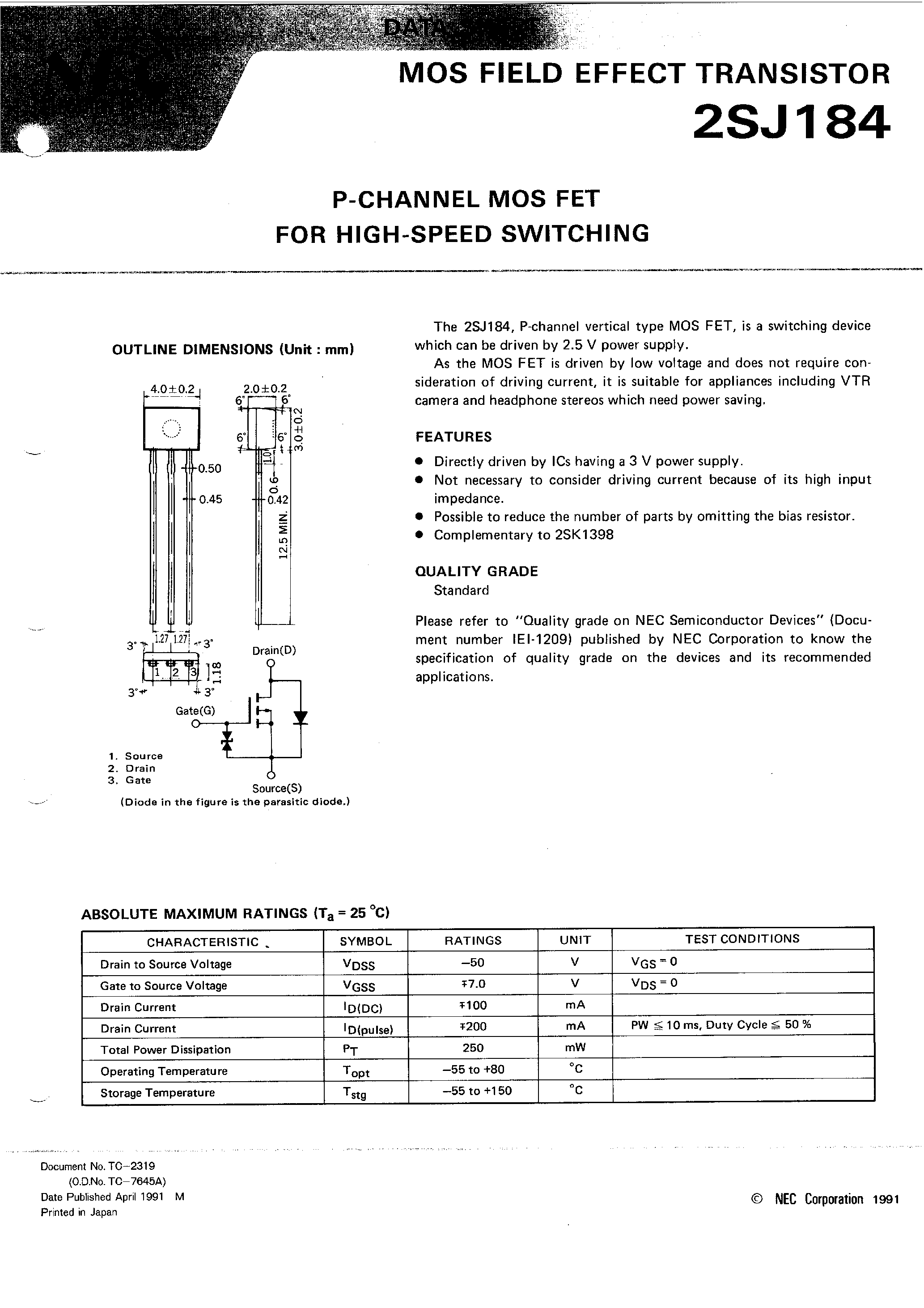 Datasheet 2SJ184 - P-CHANNEL MOS FET FOR HIGH SPEED SWITCHING page 1