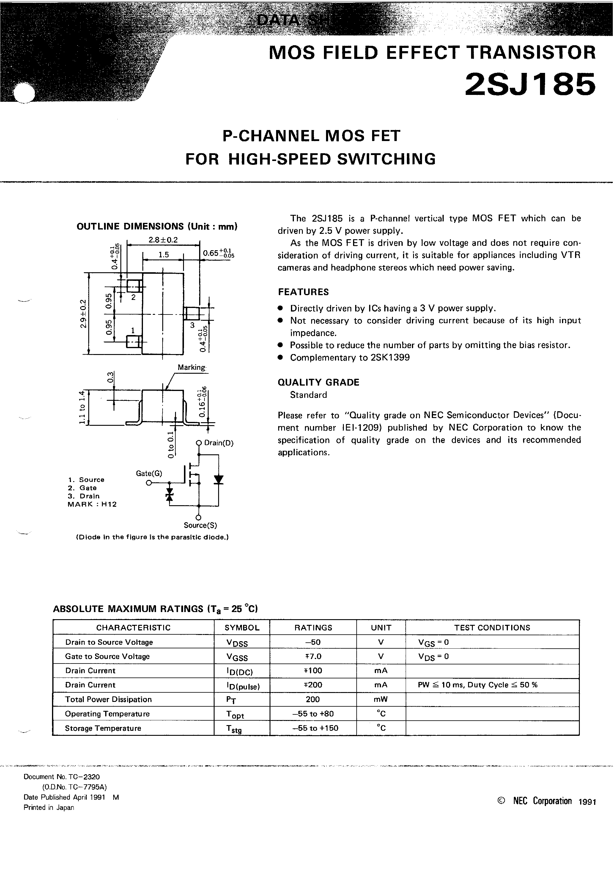 Datasheet 2SJ185 - P-CHANNEL MOS FET FOR HIGH SPEED SWITCHING page 1